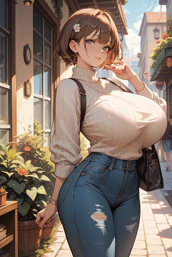 (Masterpiece, Best Quality, Highres:1.4), Detailed, Intricate Details, 4K, (1girl:1.3), huge breasts, black hair, green eyes, pixiv, oppai, cleavage, (curvy:1.1), wide hips, (gigantic breasts: 1.2), (breasts squeeze: 1.3), (Solo:1.4), short hair, (perfect details:1.1), thick sweater, short pants, short hair, modern clothes, casual clothes