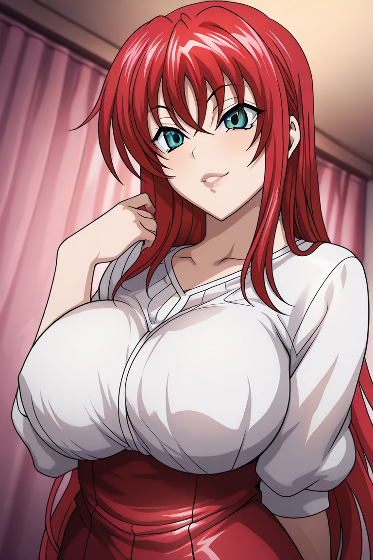 sitting at luxury sofa, (raining), (heavy rain), window, using towel, luxury living room background, Rias Gremory, anime cels style, best quality, high resolution, 1girl, (huge breasts:1.2), beautiful face, Red hair,Very long hair, Blue EYES, cowboy shot, smirk, blush