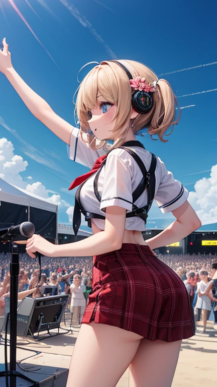 insanely detailed, absurdres, ultra-highres, ultra-detailed, best quality,
1girl, solo, nice hands, perfect hands
BREAK
(Enchant:1.4), (red theme:1.5), ((red plaid pattern, tone on tone):1.4), (idol uniform:1.2), (fusion of sleeveless (red plaid pattern) vest and red sundress:1.4), (red tie:1.4), ((red plaid pattern) multi-layered skirt with ruffles:1.3), ((red:1.3) platform HIGH boots:1.1), (red plaid pattern ribbon on head:1.3),
BREAK (short sleeve white collared-shirt dress layering:1.2), (black pantyhose:1.2), (belt:1.3), (wristband:1.3),
(naked skin:-1), (black vest:-1), (white vest:-1), (black skirt:-1), (white skirt:-1), (cleavage:-1.5)
BREAK
happy smile, laugh, open mouth, (standing, singing, dancing, holding microphone:1.4),
from side,
cute pose, cowboy shot
BREAK
slender, kawaii, perfect symmetrical face, ultra cute girl, ultra cute face, ultra detailed eyes, ultra detailed hair, ultra cute, ultra beautiful
BREAK
indoors, concert hall, idol live, stadium, crowded audience
BREAK
medium large breasts,
(blonde medium hair, blue eyes), hair between eyes