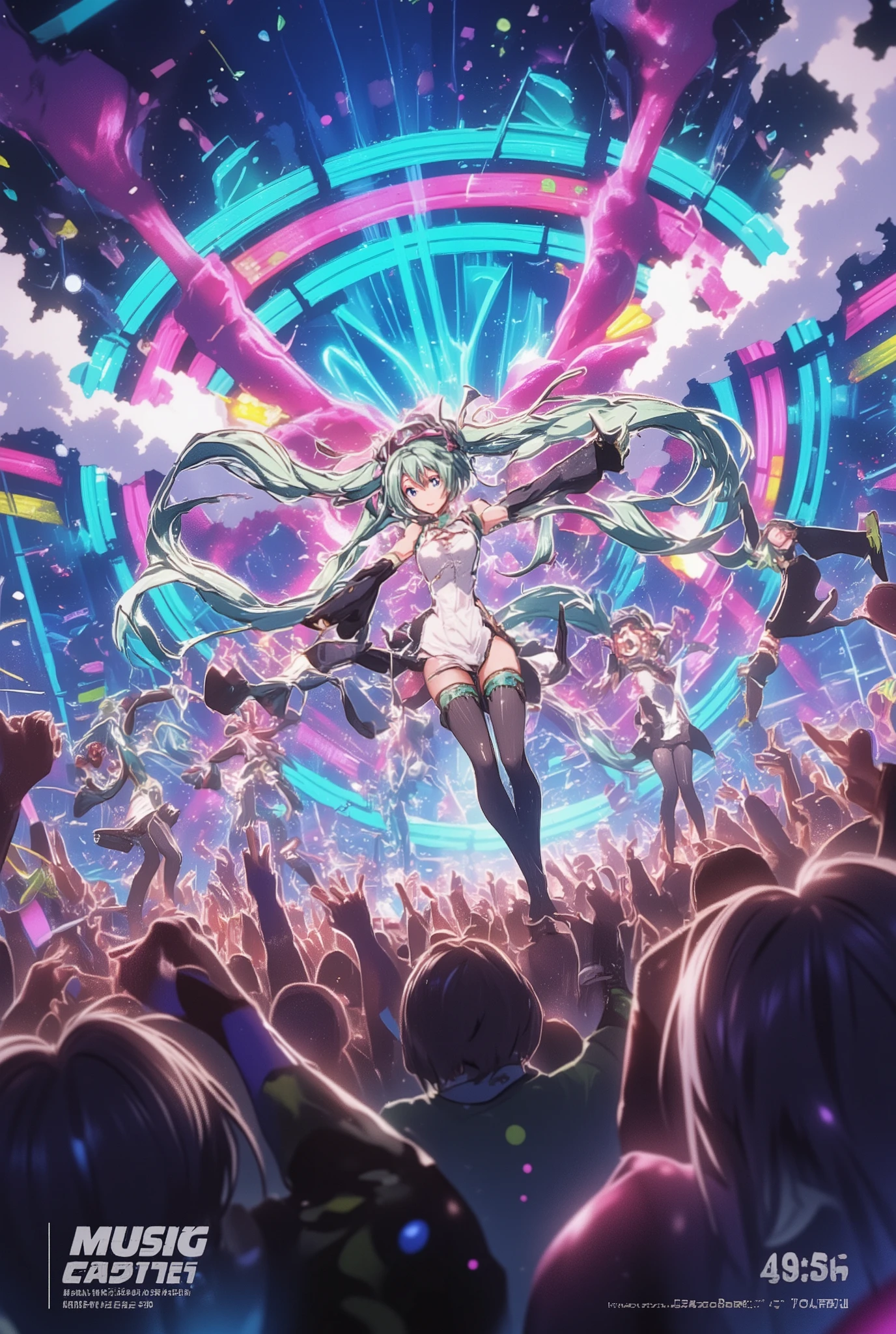 ( masterpiece、 Highest Quality、 Highest Quality、Official Art、 beautiful beautiful :1.2) Hatsune Miku、LIGHT GREEN TWIN TAILS, beautiful breasts, create a lively scene at the peak moment music festival. a large stage with dynamic colorful lighting shining in all directions. A crowd fully immersed in the rhythm, hands above the navel, Capture the vibrant and chaotic atmosphere of a. Smoke effect, Confetti falling, and performers rocking the stage with fervent enthusiasm. live music festival night completely immersed in the rhythm.