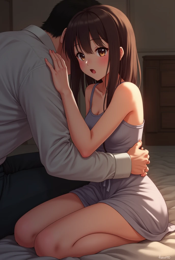 (masterpiece:1.4)、(1male people:1.9)、1girl、15 years old,(:1.2),high school student,beautiful girl,(short ponytails:1.2),akb48,nogizaka46,sailor suit,high ,(A father is touching his delicate girl's crotche:1.9)、student clothes、a closeup、Lying in bed、Father touching the crotch of delicate girl、(Cute 15-year-old delicate girl with semi-long hair and 50-year-old father with short hair)obscenity:1,2、Metamorphosis:1,2、NSFW:1,2、caress:1,2、Wrinkles between the eyebrows、Touching each other's crotches、red blush、toppless、White panties、Dark blue pleated mini skirt、tre anatomically correct,(small breasts:1.2),(skinny:1.2),(have a dildo in hand:1.5),dildo,sextoy,