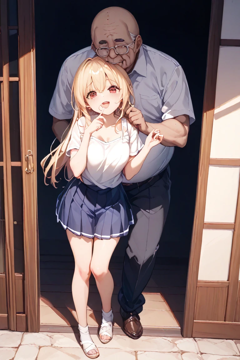 (nsfw:1.2),((One girl, 1 Elderly)), ((Skirt flip:1.4)), ((Old man grabs woman's skirt)), The old man laughs evilly, Huge breasts:1.7, Anime cel painting style, Highest quality, High resolution, Huge breasts:1.8, good, High leg panties,blue eyes, Purple Hair, bangs, Side Ponytail, hair ornaments, Embarrassing, fear, blush, View Viewer, whole body, Cowboy Shot:1.6, Crowded train、(((Completely naked:1.8)))