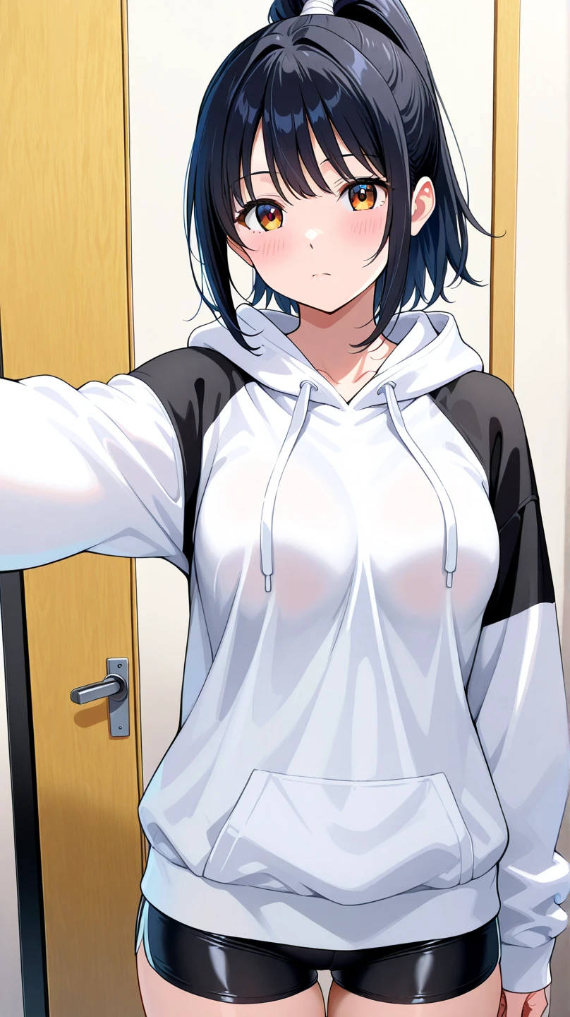[[beautiful]], amazing, (best quality:1.5), (masterpiece:1.5), extremely delicate and beautiful, intricate details, finely detailed, extremely detailed, beautifully detailed, ultra-detailed, (hyperdetailed:1.5), high resolution, (illustration), watercolor pencil, Clear line drawing, (ufotable style:1.1), (ufotable screen cap:1.1), anime coloring, anime screencap, (latest picture), backlighting, dynamic angle, glow, depth of field, [[body satisfaction]], (body with a good balance of style:1.5), (slender figure:1.5), perfect body, perfect hands, perfect feet, (two arms:1.2), (two legs:1.2), (five fingers each:1.2), (perfect joint:1.2), perfect joint movement, beautiful detailed eyes, (detailed eyes:1.5), finely detailed eyes, perfect anatomy, full dissection, perfect composition, correct limbs, balance and coordination in all things, realistic:0.5, precise fingers and hands, (finely drawn hair:1.5), [[shy girl]], (black hair:1.3), (short hair:1.3), (straight hair:1.3), bangs, (red eyes:1.3), (medium breasts:1.3), (small-sized buttocks:1.3), [[hooded sweatshirt]], (plain patterned clothes), (taking out a hem:1.2), (long-sleeved hooded sweatshirt:1.5), (dark gray shorts:1.5), (glasses:1.3),