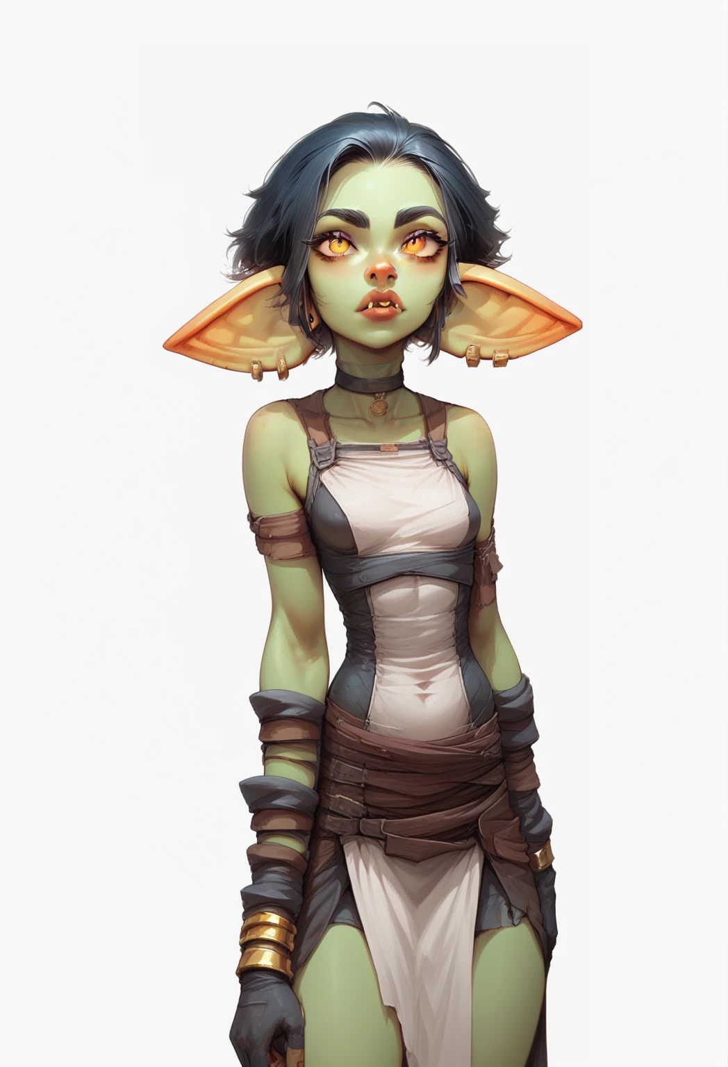 one githyanki girl, githyanki, (green skin, pointy ears, long ears:1.5), solo, abs, (slender body:1.2), (muscular, upper body, bust:1.2), black eyes, black hair, choker, (brown dress, tiny breasts, small breasts, male chest, cleavage, exposed body:1.5), bare shoulders, (belts, shoulder-belts:1.3), masterpiece, highly detailed, look at viewer, shiny blured orange background, gradient sprayed background, front view, gradient red purple background, blured background, glowing edges of image