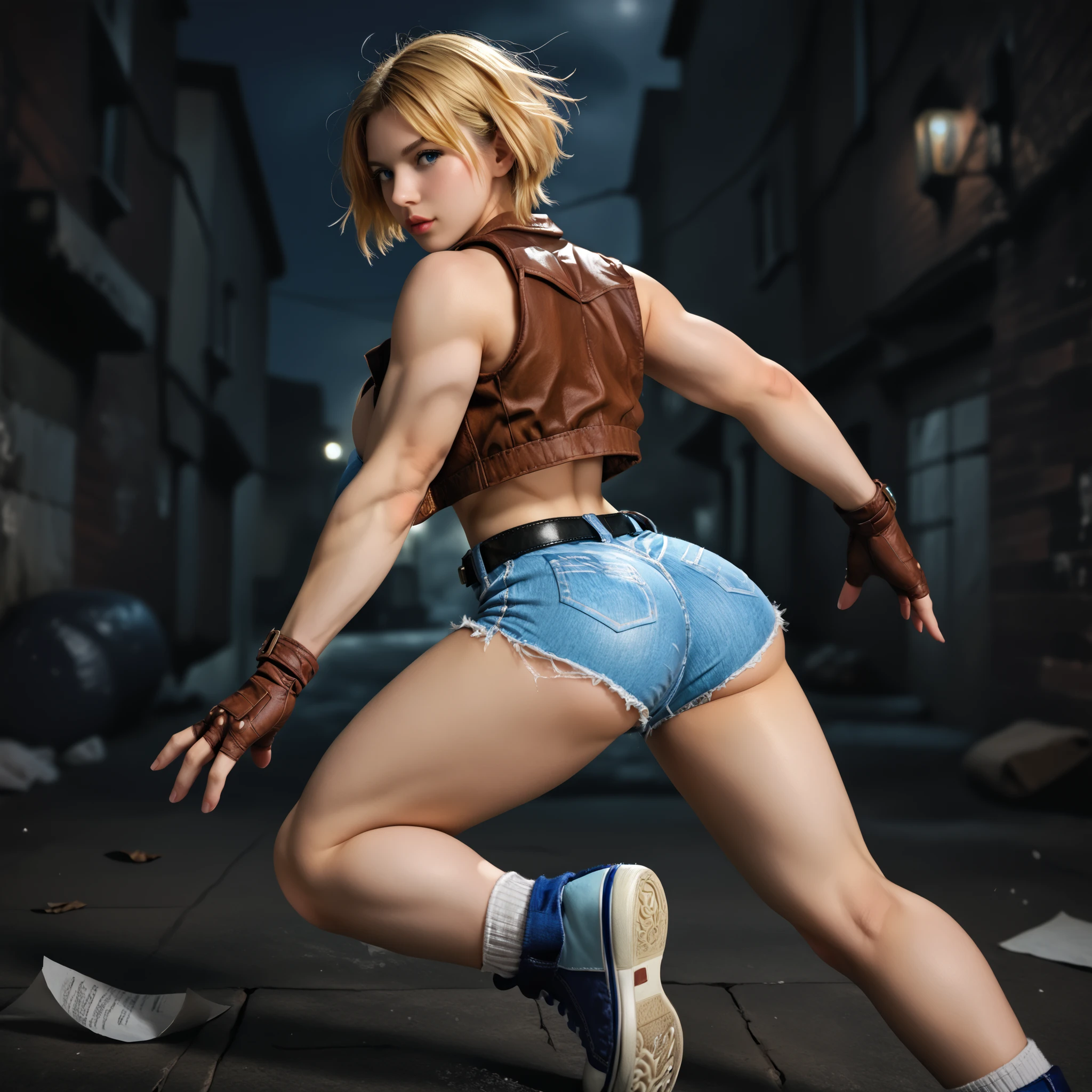 score_9, LuciaSFV, 1girl, short hair, blonde, big breasts, voluptuous and toned body, blue denim sports bra, brown vest, brown fingerless gloves, denim shorts, black belt, socks, blue sneakers, back, sexy pose, dynamic pose, cool pose, foreshortening, dynamic shot, alley of a modern city, abandoned location, several sheets of paper flying, night, photorealistic, high quality, detailed