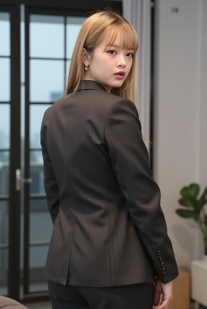 ass, gyaru, dark-skinned, blond hair, wearing business gray jacket, working hard, in city, in sunshine, cinematic lighting