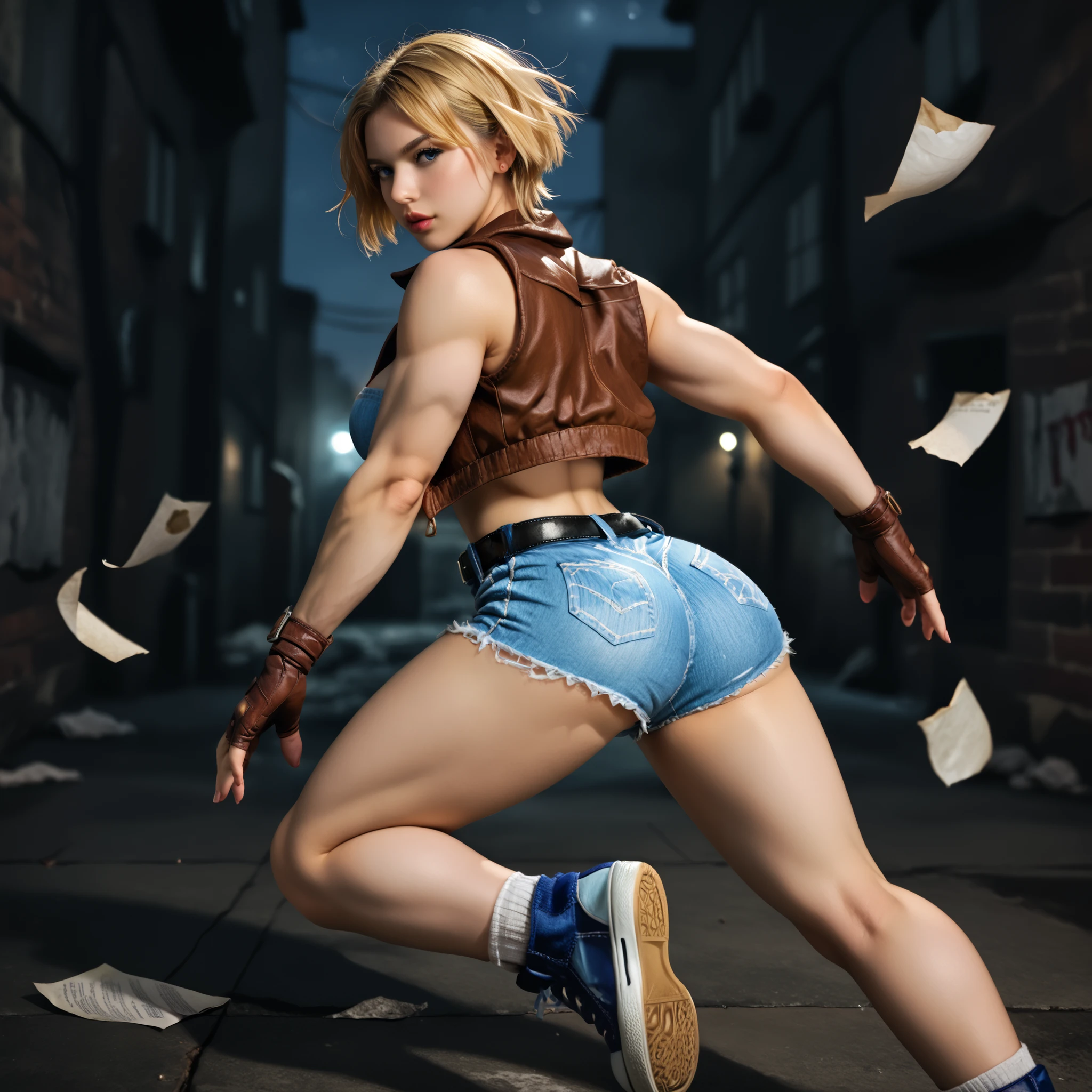 score_9, LuciaSFV, 1girl, short hair, blonde, big breasts, voluptuous and toned body, blue denim sports bra, brown vest, brown fingerless gloves, denim shorts, black belt, socks, blue sneakers, back, sexy pose, dynamic pose, cool pose, foreshortening, dynamic shot, alley of a modern city, abandoned location, several sheets of paper flying, night, photorealistic, high quality, detailed