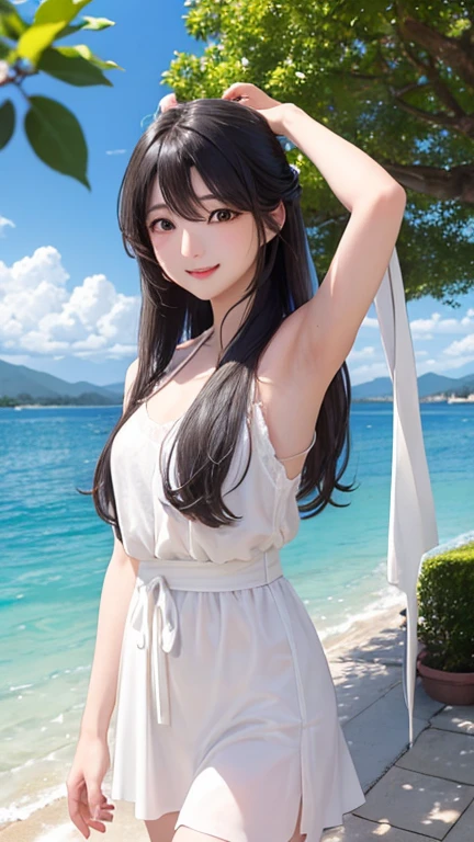 (A hyper-realistic), (illustratio), (hight resolution), (8K), (ighly detailed), (The best illustrations), (beatiful detailed eyes), (top-quality), (ultra-detailliert), (​masterpiece), (detailed face), droopy eyes,full of sweat, full body, whole body, long hair, Girl in wedding dress, smile, smiling, huge tits, big breast, slim body, abs, ocean at night 