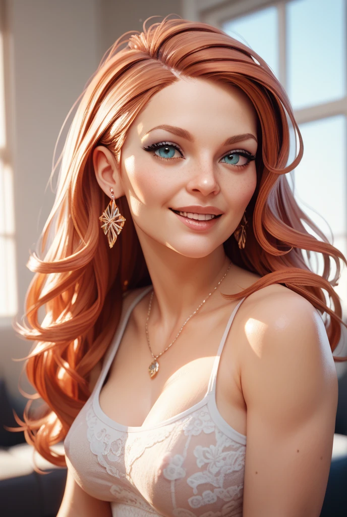 extremely beautiful model, 20 years old female, skandinavian, long bright orange hair, realistic, perky breasts, cleavage, crop top, ripped jeans, Midriff, Wide Smile, Eyes Detailed & Wide, Dynamic Pose. Hoop earing, arm bangles, headband scarf, Ultra HD, Rococo-Inspired Fantasy Art With Intricate Details. Cute, red lips, long lashes,Charming Expression, Alluring-Gaze, looking at viewer, Beautiful Eyes, An-Ideal-Figure. Large Youthful Well-Shaped-Breasts, Attractive ass showcased. Massive-Round-Bosom, turning. Mesmerizingly mash up of Scarlett Johanson. Alison Brie & Molly Quinn
