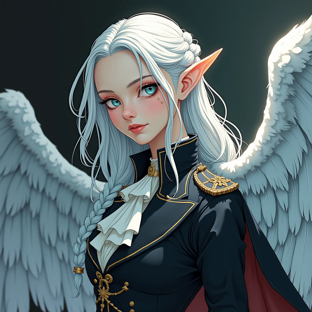 a girl with white hair andhorns, wearing a school uniform, horns, pointy ears, green eyes, long hair, earrings, necktie, jewelry, white hair, wings, facial mark, shirt, skirt(Hair style:1.5)(detailed landscape:0.6)(feminim:1.2)(hand detailed:0.2)(background masterpiece:0.1)