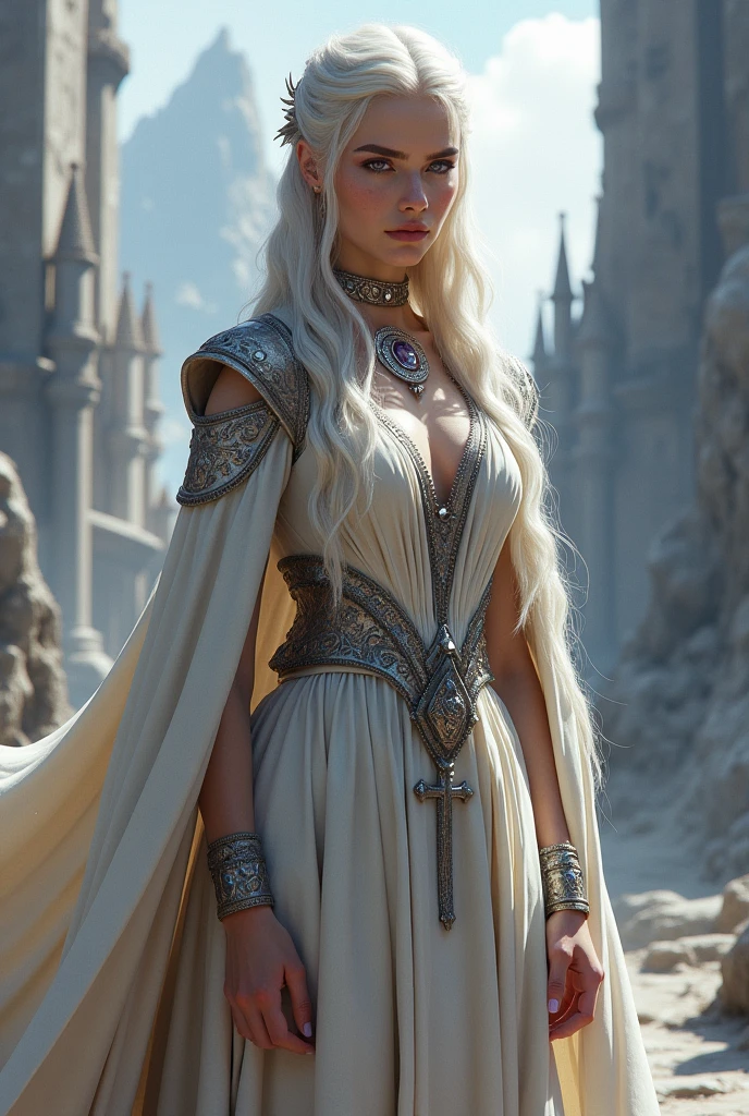 {-erro_de_anatomia:1.0} woman 30 years old, north,viking clothes, (white dress), dark castle, a woman (lagherta), very long blond hair (blond hair), (gray eyes) . Indifferent look , merciless. among the skulls, dinamic poses, egoist smile, upper body,