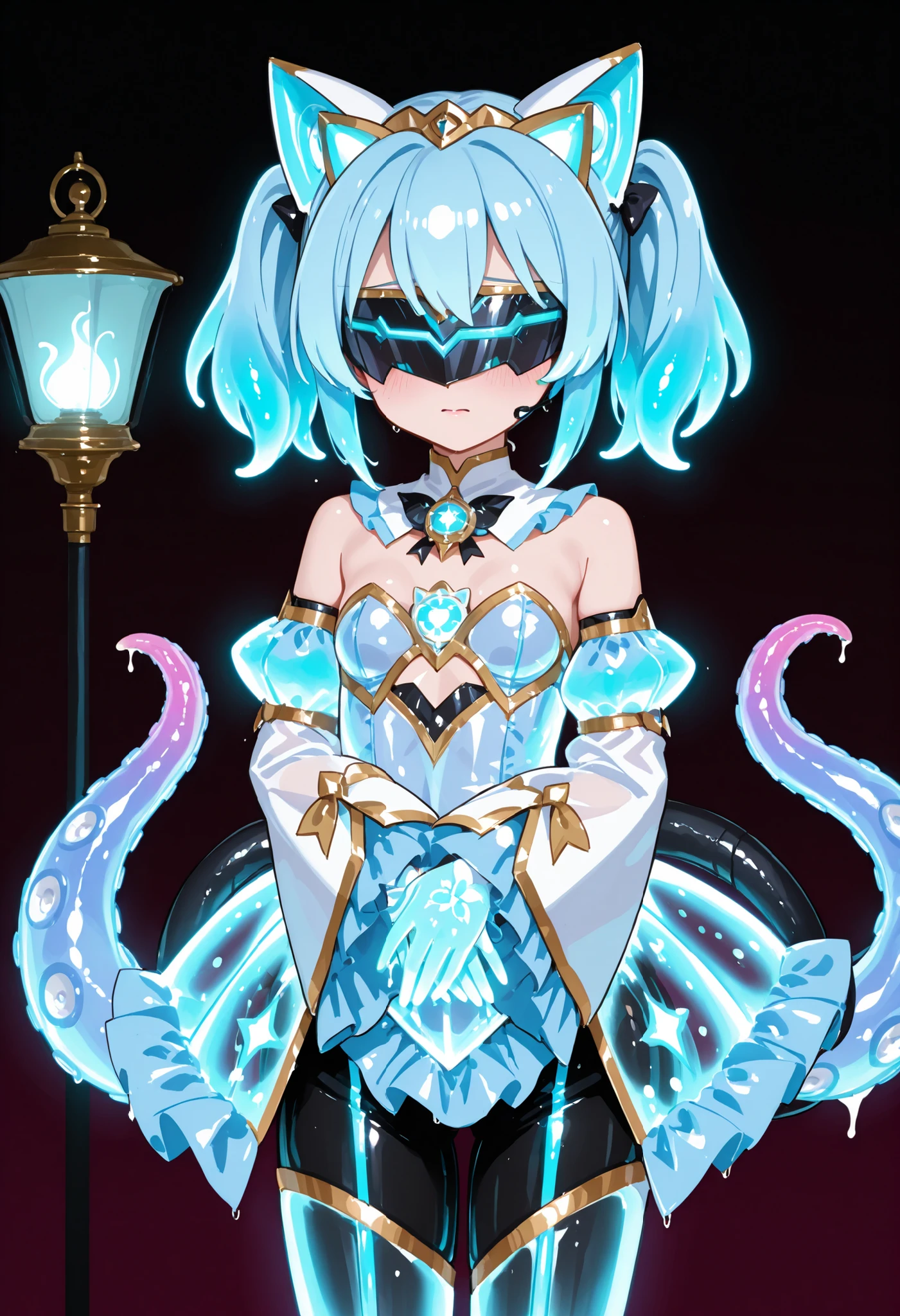 Tentacle girl. Light blue hair. Short hair. Twin tails. Mechanical cat ears on a glowing lamp. Visor covering the eyes. Light blue magical girl costume. Living costume. Transparent costume. Fusion with tentacles. Sleeves hiding hands. Multiple tentacles from inside the sleeves. Glowing core in chest.