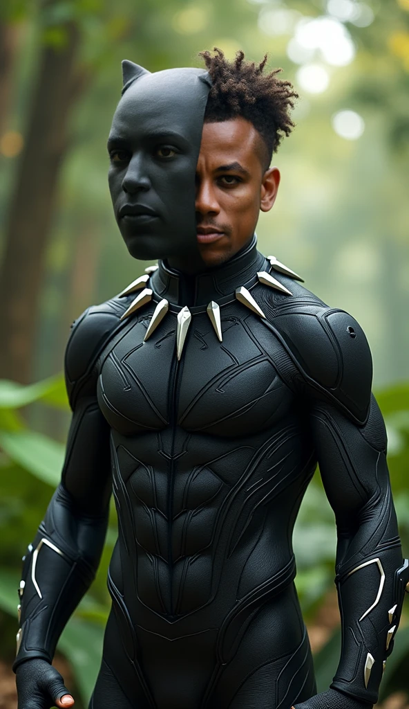 (masterpiece, intricately detailed, highest resolution, best quality:1.2), (doujin), a cocky African American Instagram influencer, buzz cut, a 24 y.o muscle stud with a muscular physique sitting on a chair with black eyes,full-body tattoo, dark-skinned male, clean shaven, wearing a ((mecha suit, catsuit, black panther inspired, chav)), ((excessive cum)) ((cum on body)) (cum drip), flaccid penis,saggy balls,hairy chest,vascular,muscle striations,soft light,fantastic realism, ((wsprmr, zzmckzz)) 
