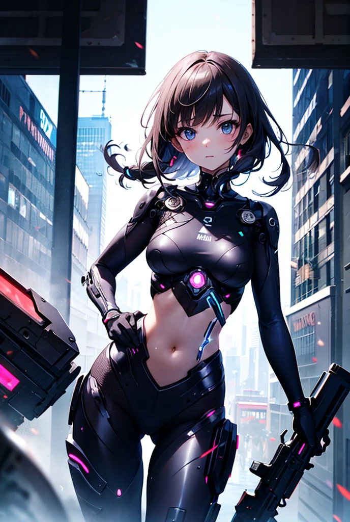 mujer, ojos verdes , en bikini , estililo cyber punk en la ciudad