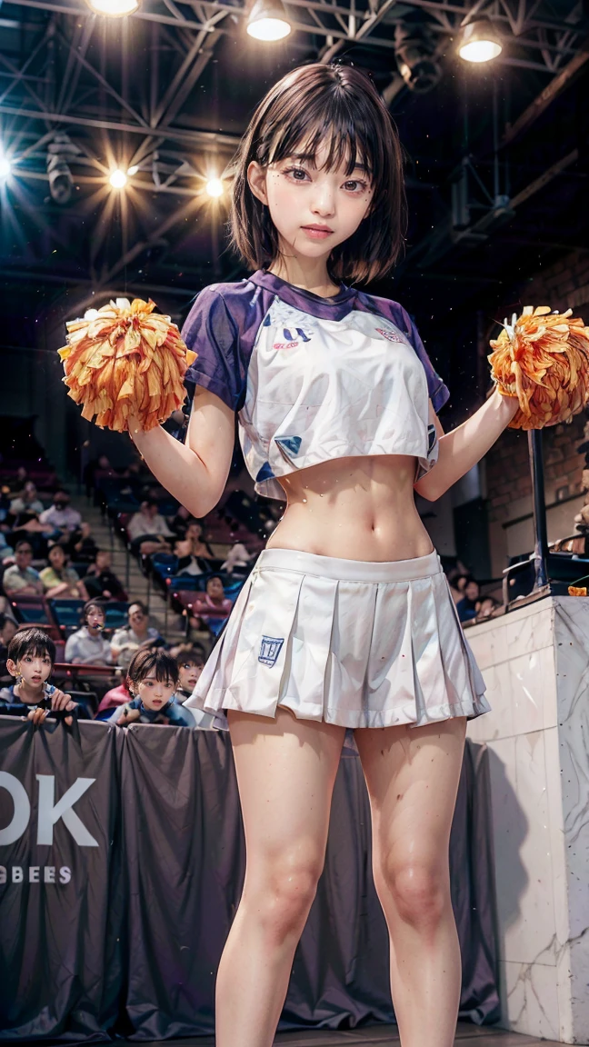 (((highest quality、8K、realistic:1.4、masterpiece)))、Backlight、Woman with highly detailed facial texture、18-year-old、(((Purple Cheerleader:1.2)))、((stadium background:1.2))、with arms raised、beautiful makeup、laughter、open your mouth、short hairstyle with shiny purple hair,,,、cowboy shot。silver hair。short hair。split sleeves, bare shoulders, central opening, cleavage, central chest、gray hair。purple hair。panty shot。black panties