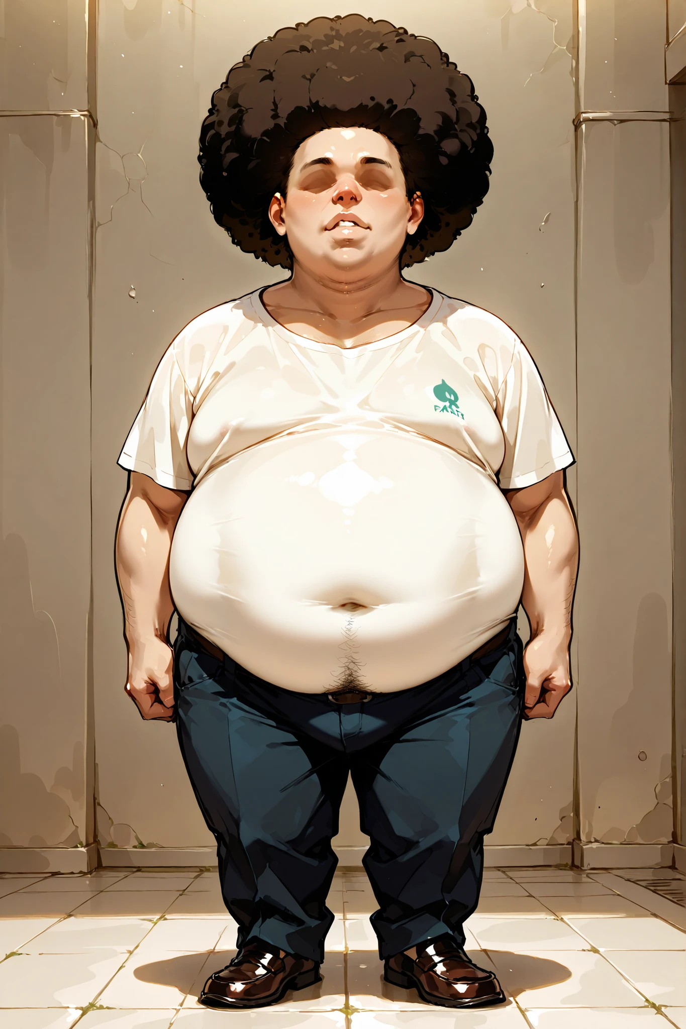(Very short, very ugly, fat, afro-haired, faceless male character), (standing portrait), (solo),