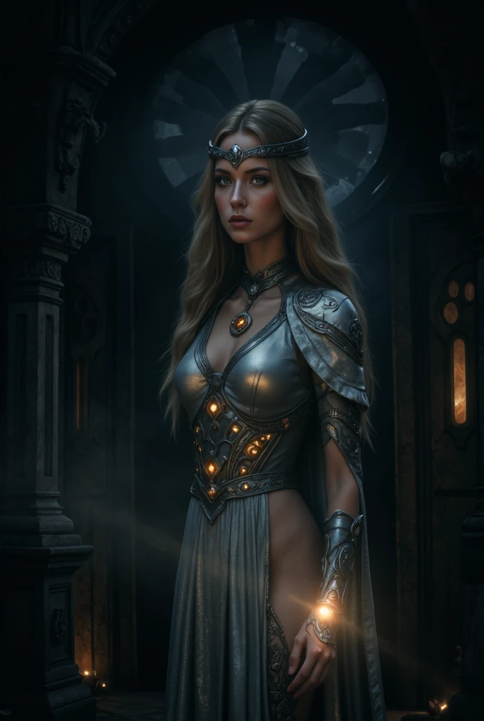 (Gal Gadot) with platinum hair, in a dress of ice flowers, a beautiful crown on her head, detailed face, detailed skin, front, background frozen forest, cover, unzoom, choker, hyperdetailed painting, luminism, Bar lighting, complex, 4k resolution concept art portrait by Greg Rutkowski, Artgerm, WLOP, Alphonse Mucha, little fusion pojatti realistic goth, fractal isometrics details bioluminescens : a stunning realistic photograph 30 years