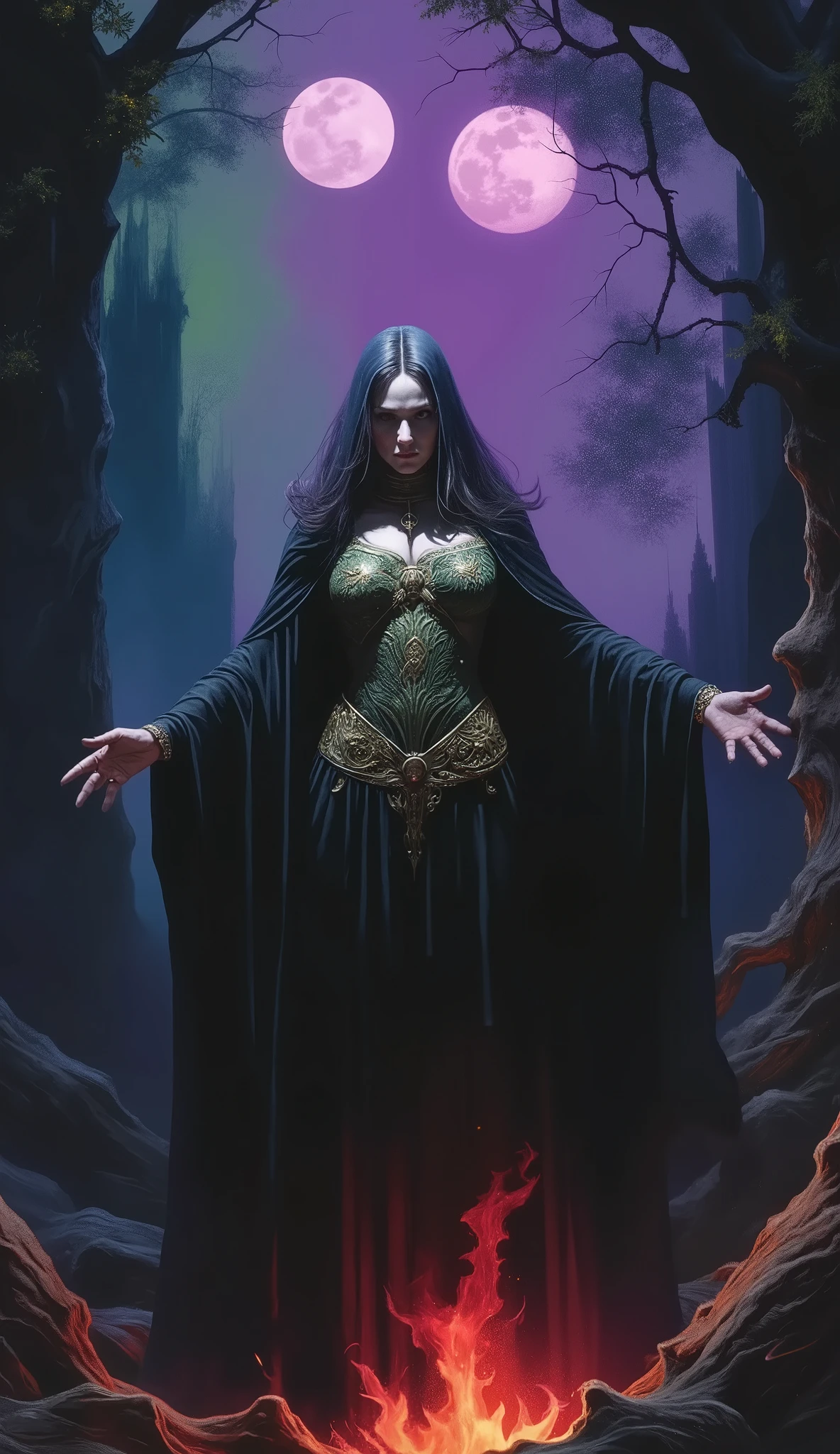 A dark fantasy theme of a female Dark Witch woman in medieval dress, on forest dark spell, in dynamic pose, twin moon in sky, bonfire. Glowing purple green and pink background lighting.