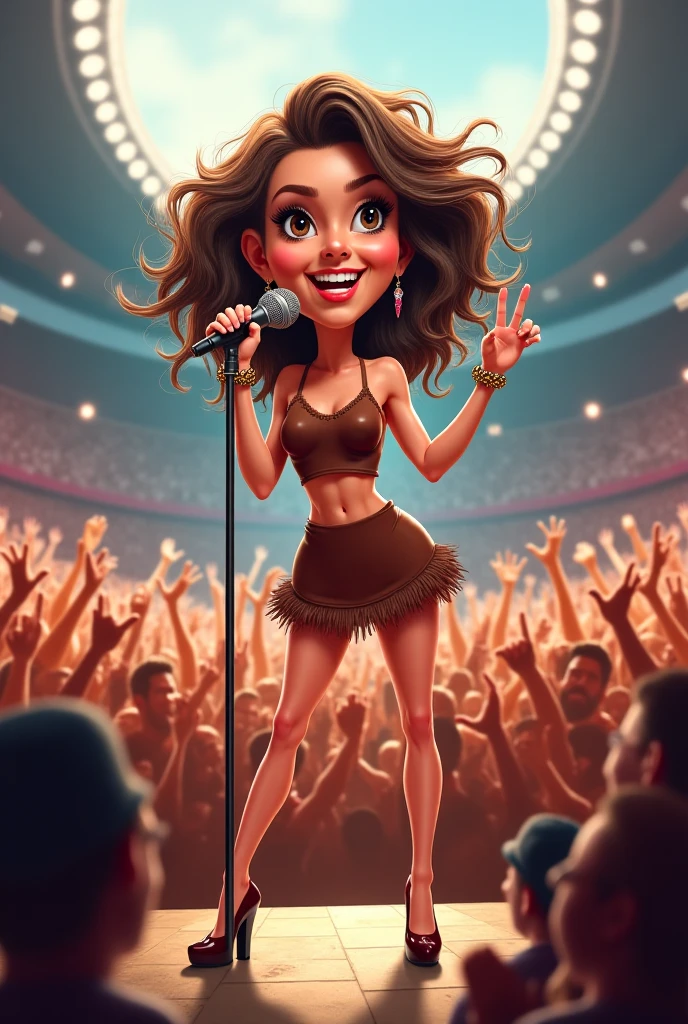 Make an anime style drawing of a white American woman with long brown hair and brown eyes and fairly big breasts. She is on a stage performing for a lot of people. She is in a very tight, small, and revealing skimpy black outfit that shows the outlines of her nipples. There are lots of people in the crowd and she is holding a microphone.
