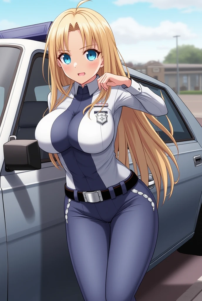 High quality, golden hair, long hair, blue eyes, , Wear glasses, female police officer, micro bikini, white gloves , long stockings, Slut, in public, 4k