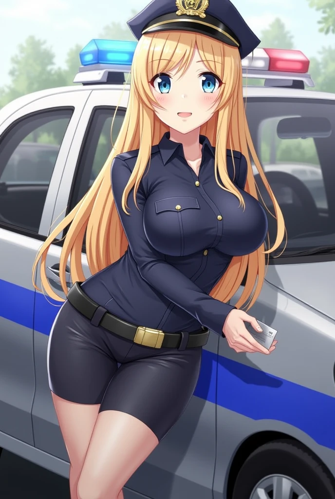 Masterpiece, best quality, Kotori Minami Love Live, curvy body, :D ,white tight shirt,half sleeves,earrings, pencil skirt, necktie , sitting above car,police cap,in police station,looking at viewer, cowboy shot, thighs, wide hips ,solo ,belt, pantyhose , skindentation , cowboy shot,milf