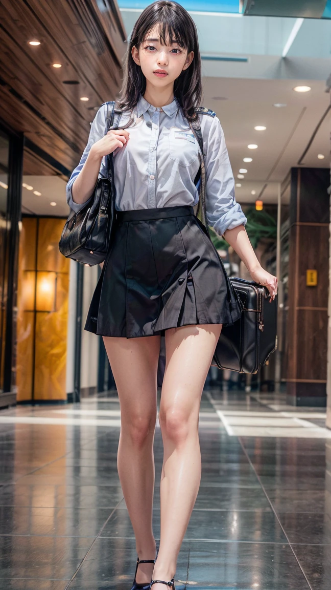 ((masterpiece)),(((Highest quality))),Thin thighs,Long legs,An 18-year-old high school girl standing on the school steps,White shirt,Blue and red plaid mini skirt:1.5,The best smile,White panties:1.5，Short-cut blonde:1.5，short side wave，Carrying a black backpack，Exposed buttocks，Wear black loafers，Lower body zoom up:1.5，Butt sticking out pose:1.5，Stand with your feet apart:1.5