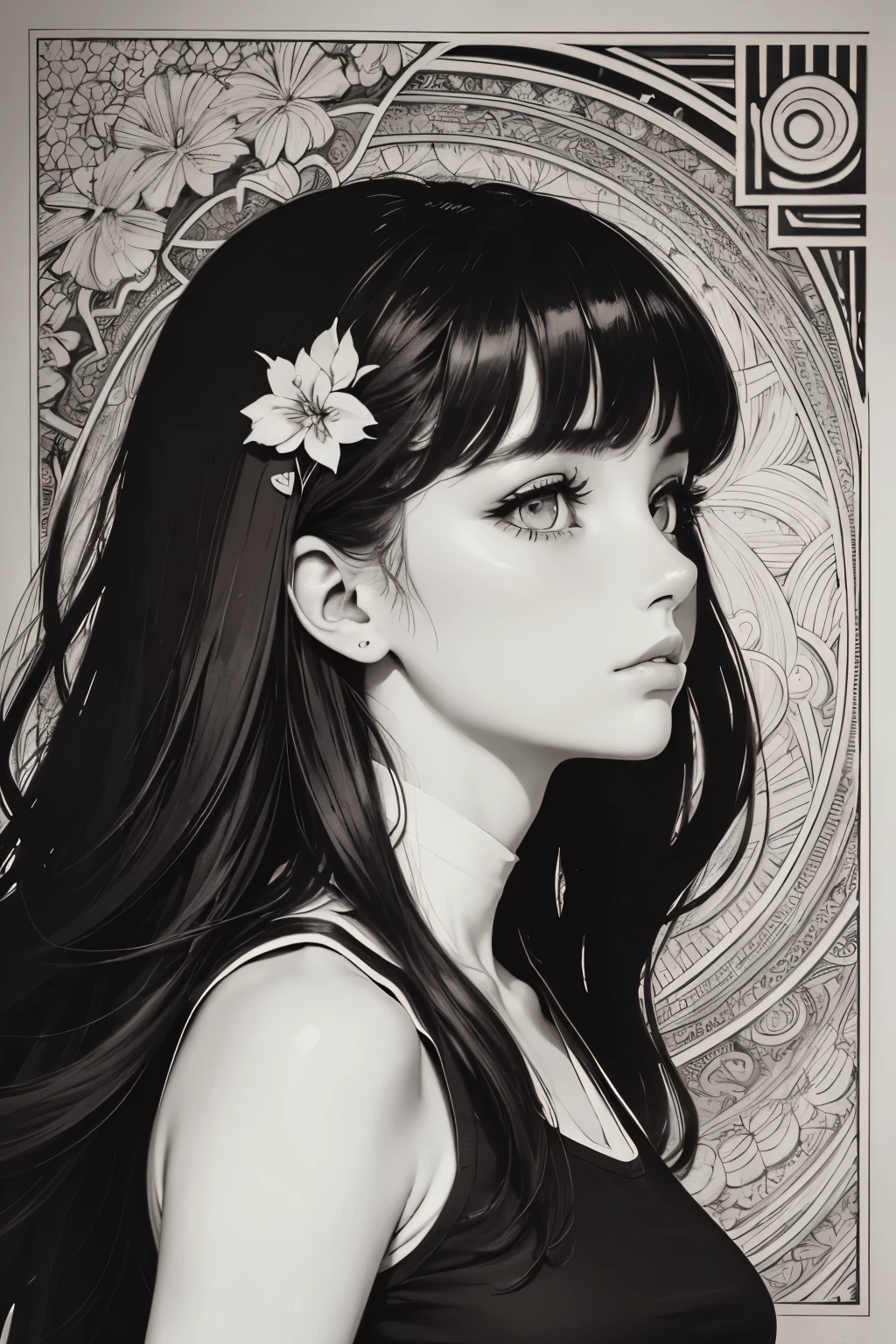 Ultra-detailed, master piece, Top quality, 1 girl, Beardsley style picture, monochrome, line_art, block print, side view, crop top, long wavy hair, bangs, Very_beautiful_face, very_beautiful_eyes, even_eyes