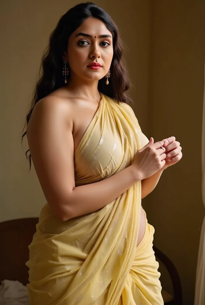 night scene, extreme close up photo of sexy indian 35 year old sexy big fatty tits with deep cleavage, big cheeks, curvy, hourglass figure, swooping breasts, deep cleavage, standing on road holding a  torch light near truck, ponytail, necklace, white and gold see through strapless saree, look at viewer and subtle smile, (cinematic:1.3), intricate details, (ArtStation:1.2),(nsfw:1.3), (full nude saree on floor:1.3), top less