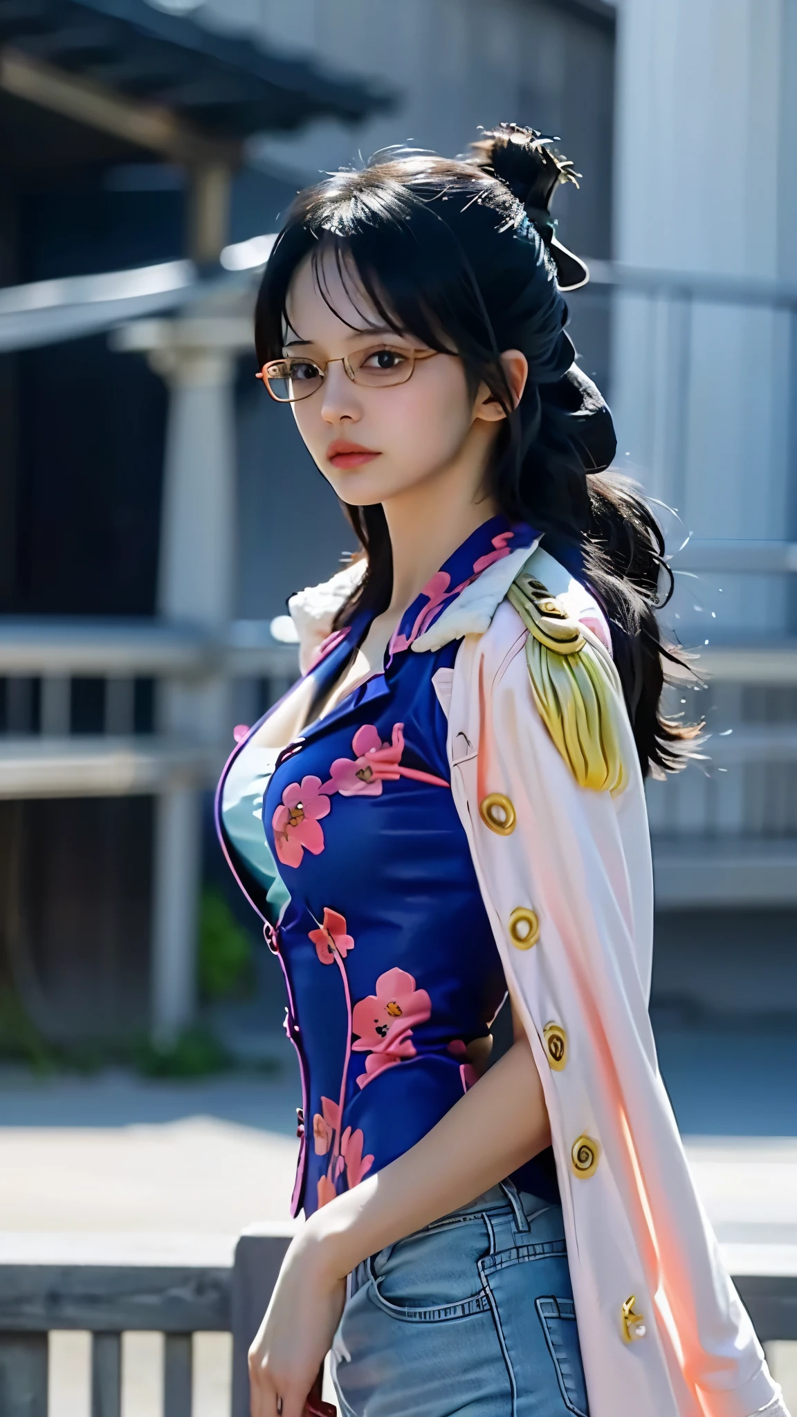 "Create a hyper-realistic portrait of a young female marine officer inspired by Tashigi from One Piece, depicted as if she exists in the real world. She has fair, smooth skin with a few faint, natural scars from sword training. Her physique is slim but athletic, about 170 cm tall. She has a sharp yet kind face with high cheekbones, a small straight nose, and soft pink lips. Her expressive, slightly magnified brown eyes are visible behind stylish round wire-frame glasses. Her dark black hair is cut into a neat bob with gentle waves, chin-length, and side-swept bangs that occasionally fall into her glasses.
She wears a modernized navy-blue Marine officer jacket with silver trim, a white blouse underneath, slim tactical trousers, and polished black leather boots. Draped over her shoulders is a large, flowing white justice coat with 'Justice' written in bold navy letters on the back.
She carries an elegant katana — a real steel blade with a deep blue wrapped handle and an ornate wave-patterned guard. Her posture is upright and disciplined, yet her expression is gentle, determined, and slightly shy. The setting is a bright coastal military base, with ocean waves visible in the distance and seagulls flying overhead.
The overall mood is serious but warm, capturing the contrast between her youthful passion and strong sense of justice. Highly detailed, cinematic lighting, ultra-realistic skin texture, natural coloring, subtle wind effect on hair and coat, depth of field focus on her face."