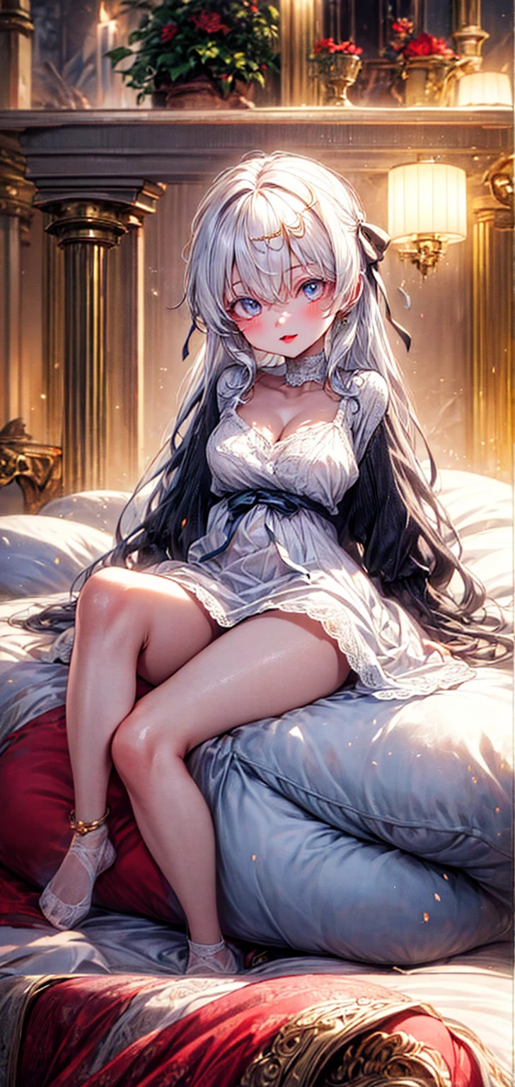 1Girl, Solo, Anime, Attractive body, nice body, nice legs, tights, nice arms, nice shoulders. (Cleavage, Medium Breast:1.2). Beautiful, Gorgeous, Fresh, Young, Blunt Bangs.(White Grey Hair:1.5), (Straight and Wavy Long Hair:1.3), Casual Shirt, (Sitting on bed:1.3). Earrings, Thin Black Headband, Green Accessories, Environmental Details, Bed Room, Natural Light, Modern Bed, Chair, Window, White Curtain, City View. Top view. pov, anime style, UHD, retina, masterpiece, accurate, anatomically correct, textured skin. High Resolution, Looking at viewer, Blush, Open Mouth, Best Quality, Award Winning, Accurate, Embarrassed, moaning, sweating,Naughty Face, Naughty, Gradient Eye Color.