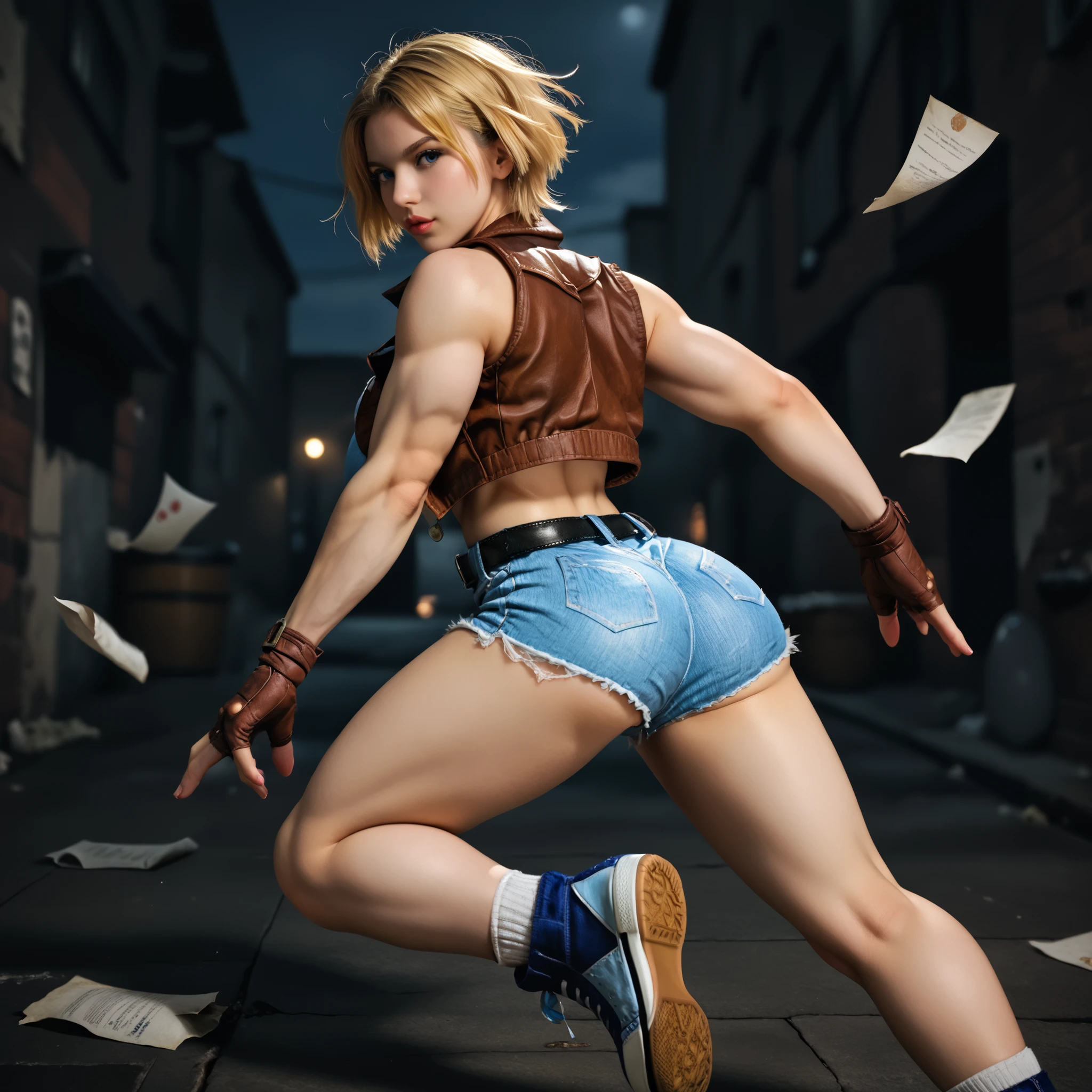 score_9, LuciaSFV, 1girl, short hair, blonde, big breasts, voluptuous and toned body, blue denim sports bra, brown vest, brown fingerless gloves, denim shorts, black belt, socks, blue sneakers, back, sexy pose, dynamic pose, cool pose, foreshortening, dynamic shot, alley of a modern city, abandoned location, several sheets of paper flying, night, photorealistic, high quality, detailed