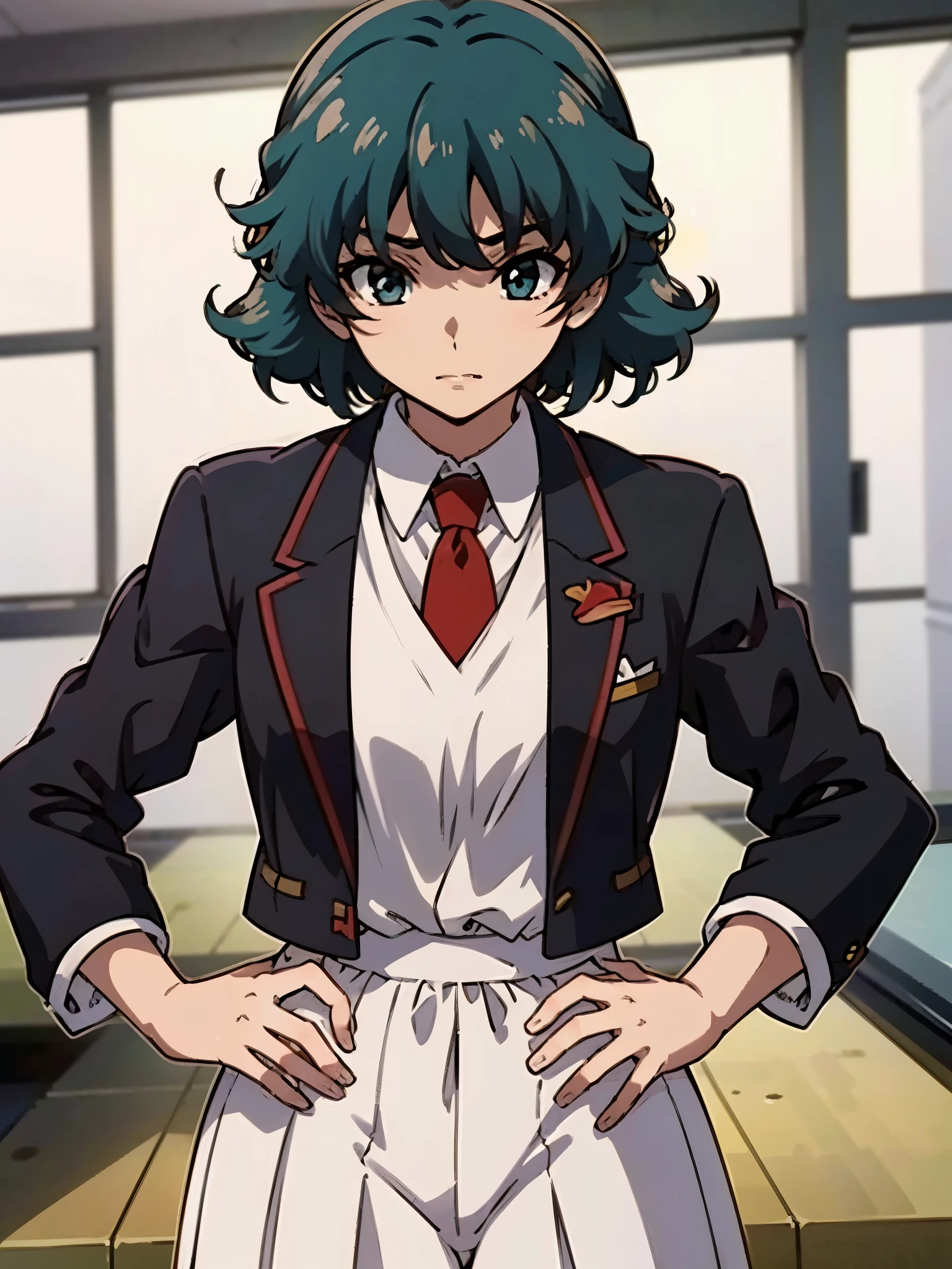 in room, anime style, 8k, masterpiece, ultra high res, focus upper body, medium bob hair, flip out hair, marine blue hair, break wearing school uniform, black blazer, break red tie, scowl,