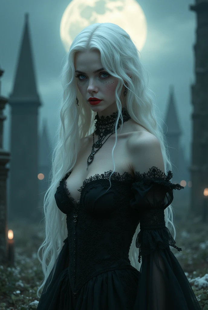 arafed woman in a black dress standing in front of a castle, beautiful vampire female queen, beautiful vampire queen, eerie moorlands behind her, gothic maiden, beautiful with eerie vibes, beautiful necromancer, beautiful elegant demon queen, gothic horror vibes, beautiful necromancer girl, pretty margot robbie vampire, medieval dark fantasy, samara weaving vampire