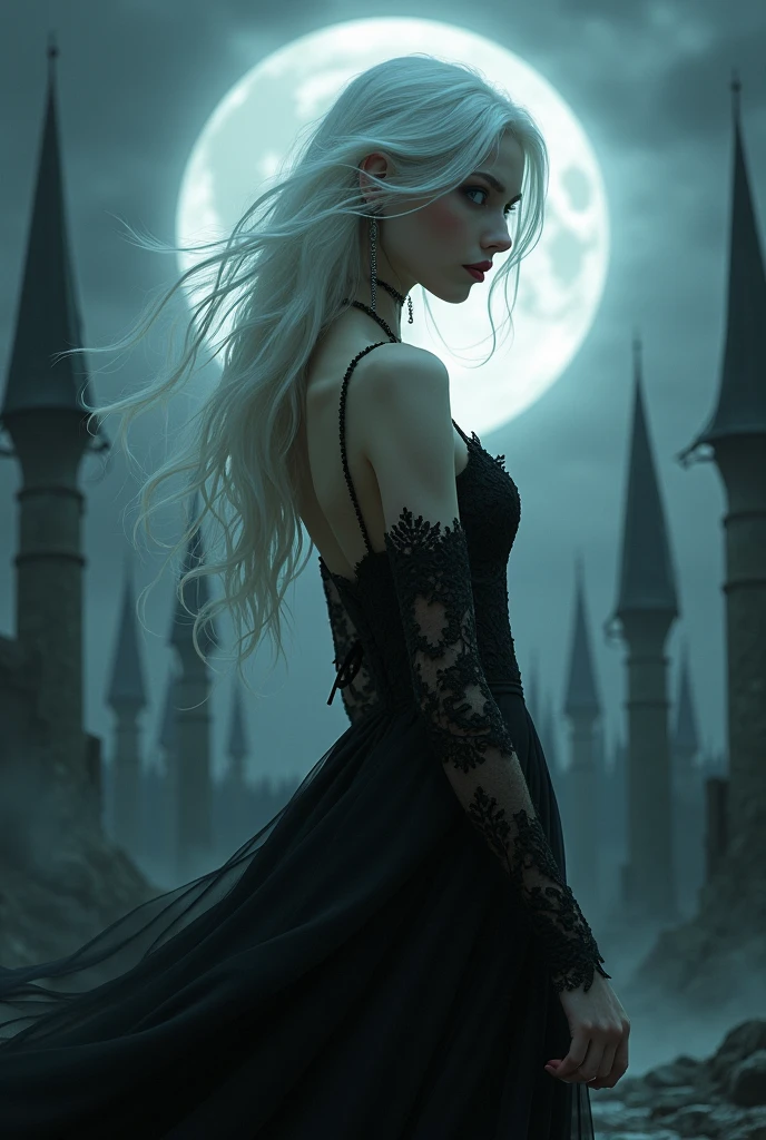 naked woman,vampire,laying down on bed, white hair, pale,abandoned castle,long purple hair,stockings,boots,(best quality,4k,8k,highres,masterpiece:1.2),ultra-detailed,(realistic,photorealistic,photo-realistic:1.37),dark,gothic,romantic,dramatic lighting,black and white,crimson red,ominous atmosphere,moonlight,aesthetic,ethereal,haunting,enchanted forest,reflection,mist,mystery,hypnotic eyes,sharp fangs,clicking high heels,pale skin, naked, moonlit sky,creepy shadows,ornate architecture,spiderweb,candlelight,loneliness.