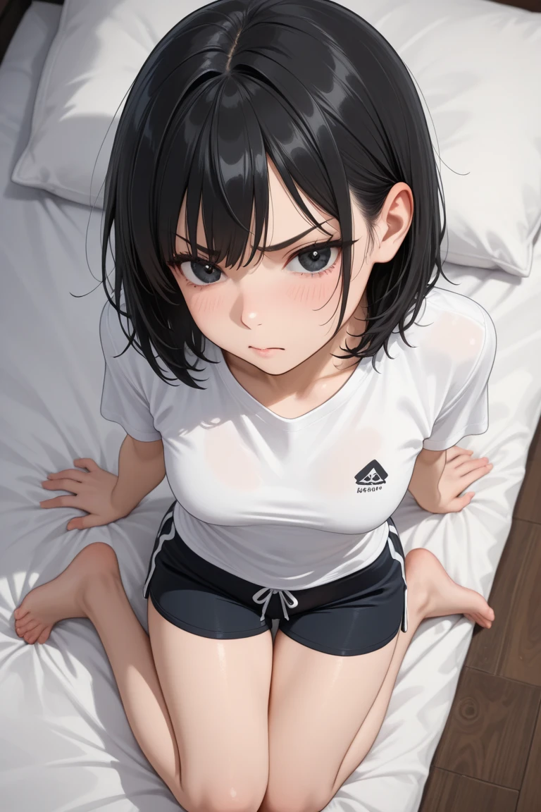 Erica、Pokémon、Black Hair、Short Hair、((Bike Pants))、Photo from below、Medium chest、Bedroom、One girl、Red ribbon on head、((White shirt))、(Thigh-high socks)、