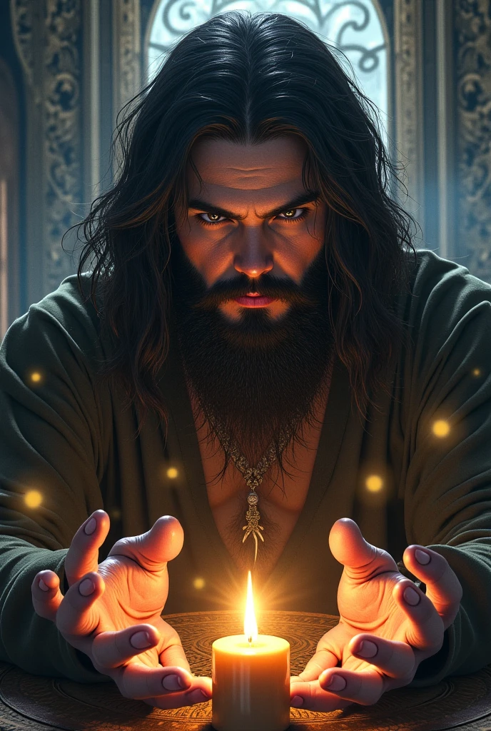 Necromante maligno manipulando magia vermelha, macho, barba, comerciante medieval, detalhado, Cinematic Lights, High definition, ultra High definition , ,