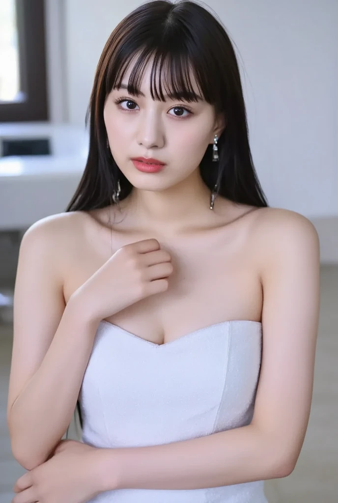 best quality, detailed, beautiful, insanely detailed, absurdres,perfect anatomy,
Japanese woman,black hair,27 years old,
(slender),
(small breasts),
smiling, standing, facing right, flipped hair, (gorgeous white party dress:1.1),(cleavage:0.5), small necklace, piercing, party venue, (full body shot:1.2)
