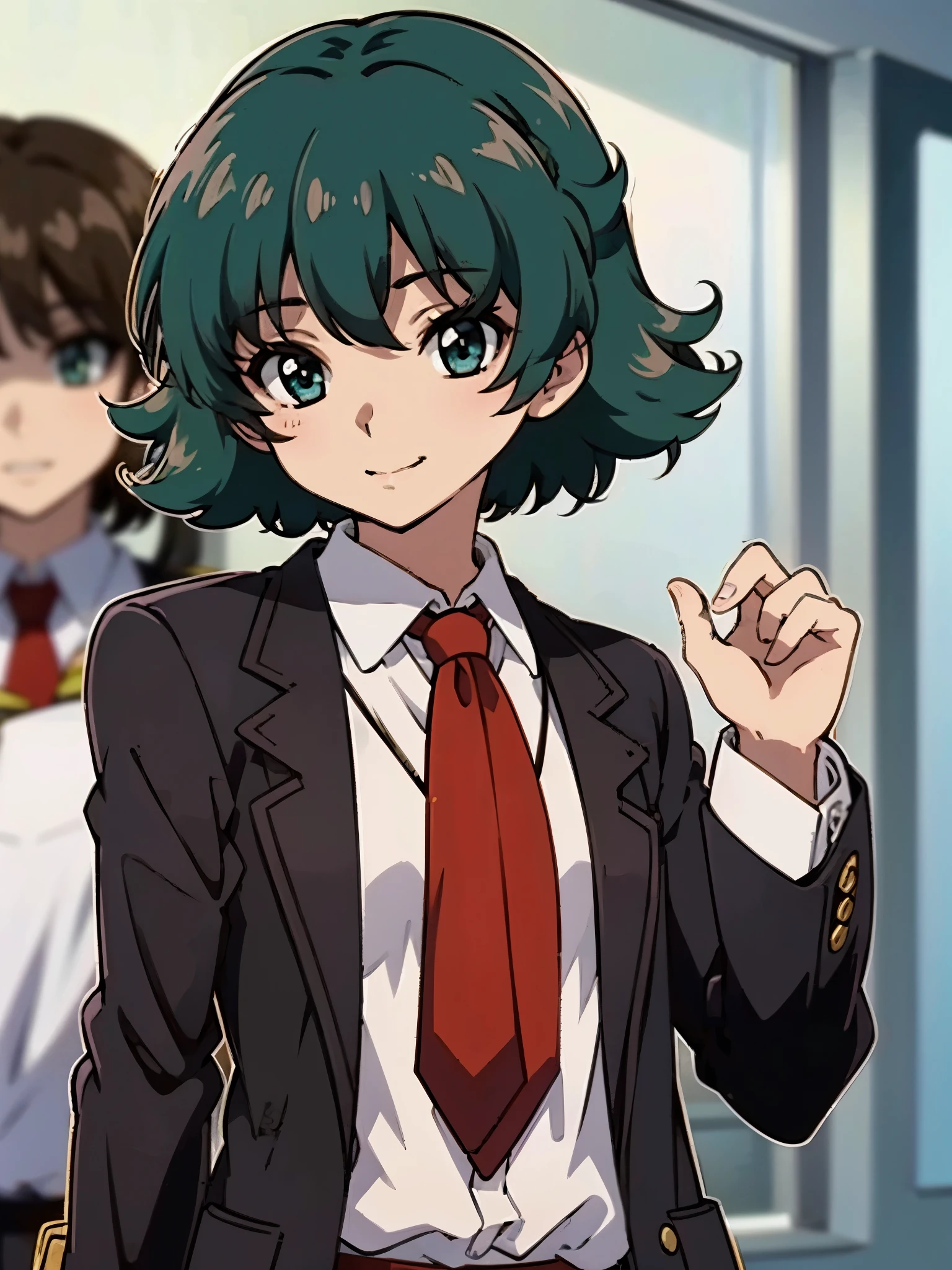 in room, anime style, 8k, masterpiece, ultra high res, focus upper body, medium bob hair, flip out hair, marine blue hair, break wearing school uniform, black blazer, break red tie, smug,