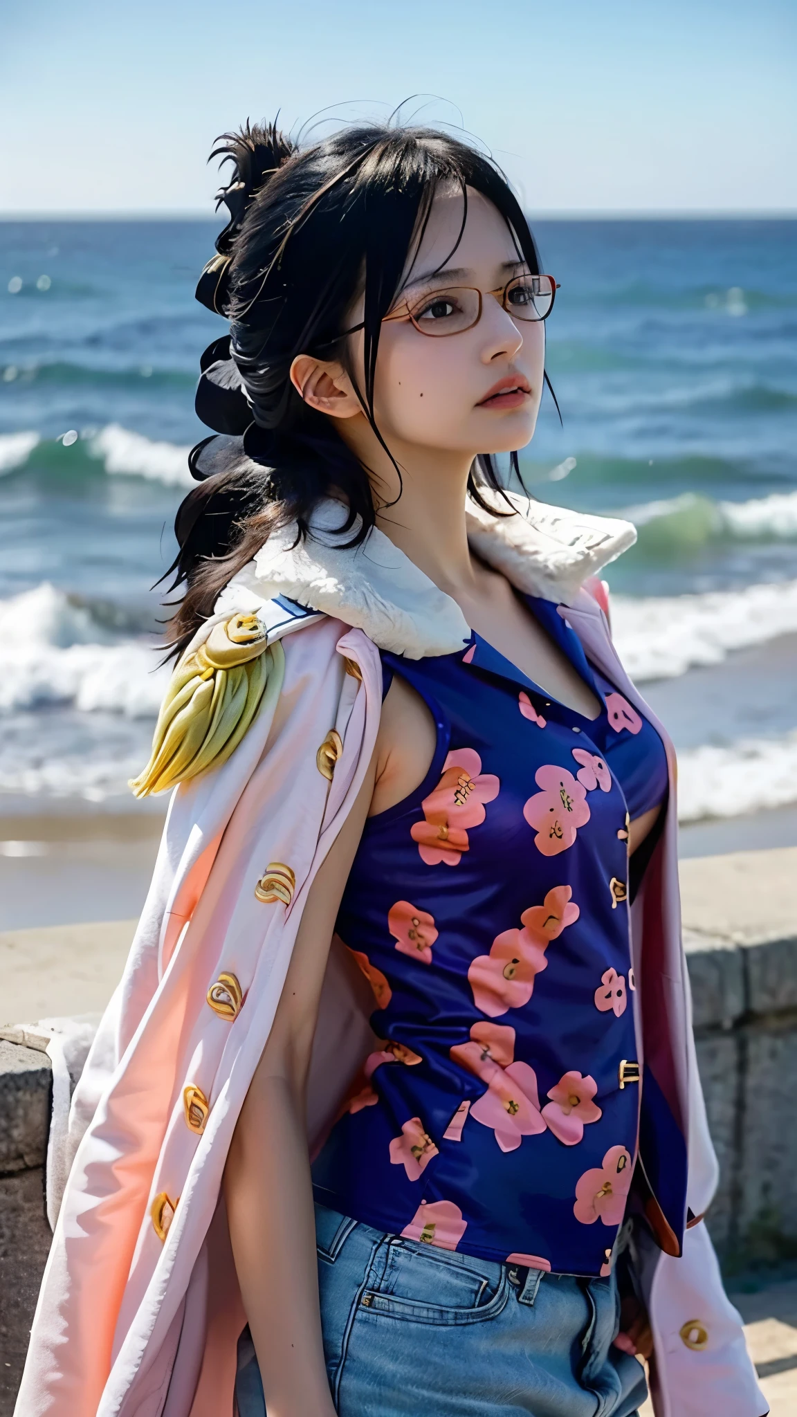 "Create a hyper-realistic portrait of a young female marine officer inspired by Tashigi from One Piece, depicted as if she exists in the real world. She has fair, smooth skin with a few faint, natural scars from sword training. Her physique is slim but athletic, about 170 cm tall. She has a sharp yet kind face with high cheekbones, a small straight nose, and soft pink lips. Her expressive, slightly magnified brown eyes are visible behind stylish round wire-frame glasses. Her dark black hair is cut into a neat bob with gentle waves, chin-length, and side-swept bangs that occasionally fall into her glasses.
She wears a modernized navy-blue Marine officer jacket with silver trim, a white blouse underneath, slim tactical trousers, and polished black leather boots. Draped over her shoulders is a large, flowing white justice coat with 'Justice' written in bold navy letters on the back.
She carries an elegant katana — a real steel blade with a deep blue wrapped handle and an ornate wave-patterned guard. Her posture is upright and disciplined, yet her expression is gentle, determined, and slightly shy. The setting is a bright coastal military base, with ocean waves visible in the distance and seagulls flying overhead.
The overall mood is serious but warm, capturing the contrast between her youthful passion and strong sense of justice. Highly detailed, cinematic lighting, ultra-realistic skin texture, natural coloring, subtle wind effect on hair and coat, depth of field focus on her face."