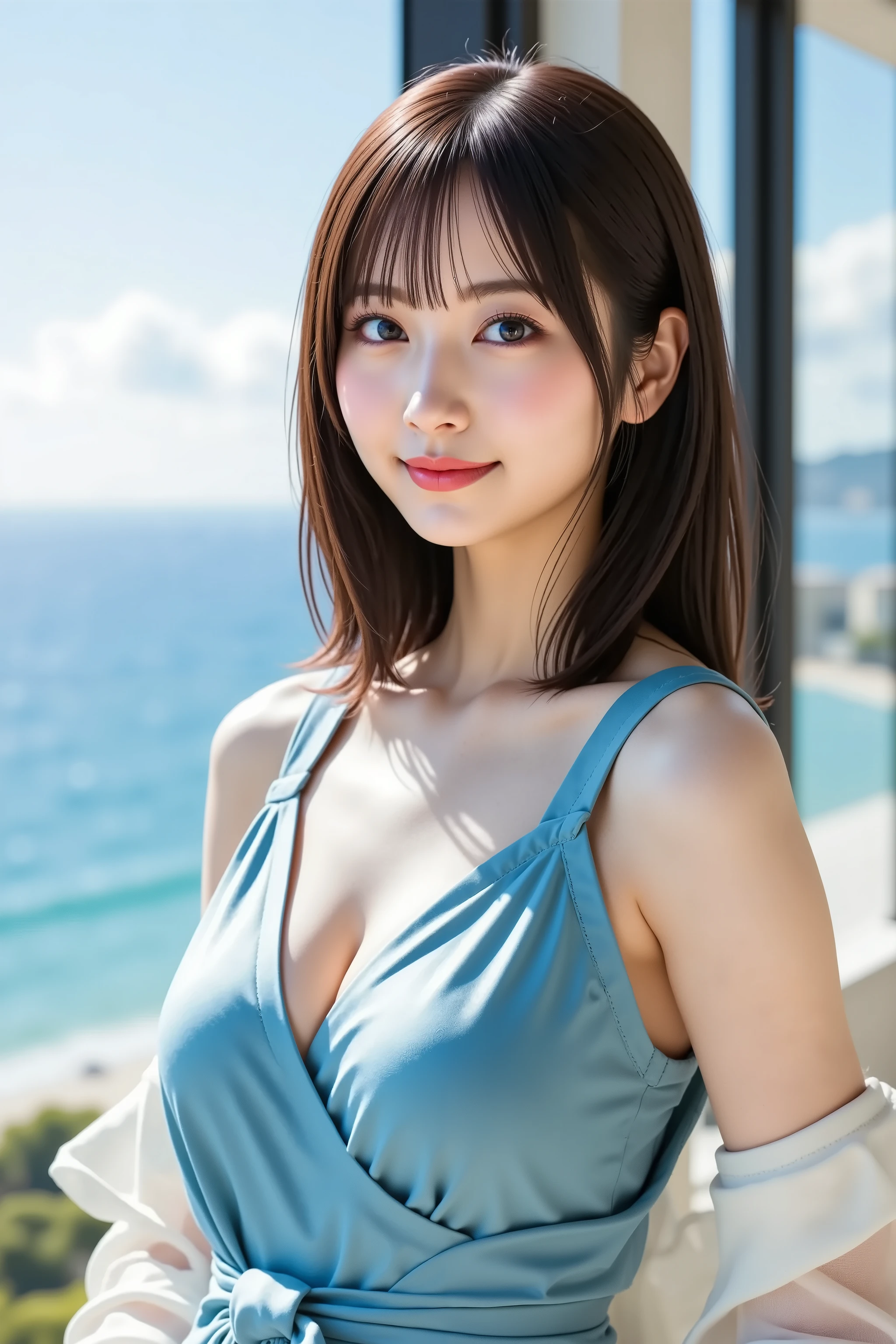 (highest quality,masterpiece:1.3,ultra high resolution),(Super detailed,caustics,8k),(photorealistic:1.4,RAW shooting),1 girl,Are standing,(smile),(looking down at the camera),20-year-old,cute,Japanese,natural brown middle hair,(Light blue dress),glamorous,(big ),(breast focus),cherry blossoms,blue sky,sun,Natural light,(Lens flare),professional writing,(shot from the waist up),(Tilt composition:1.3),(low position:1.4),(Low - Angle:1.4)