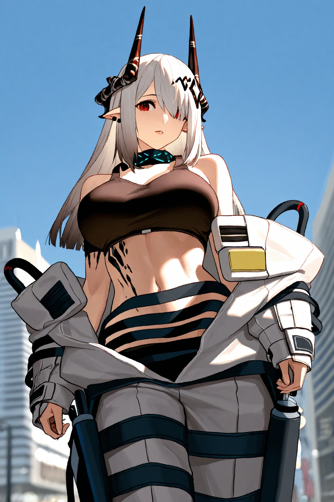 score_9, score_8_up, score_7_up, source_anime, Idealized Forms, Natural Light, details background, blurry background, extremely detailed,cartoons girl are standing wearing a futuristic outfit, 1girl,breasts,ass visible through thighs,bodysuit,covered navel,shimalaze(kancolle)