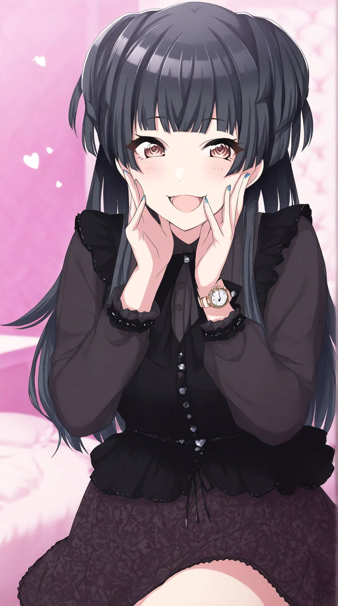 komi shouko,D cup,slimfigure,black long dress,skinny pants,long trousers,The shirt,Simetall,Hell Whisperer style,Lots of pink hearts,Love background,Fleshy thighs,highly rendered,detailed face with