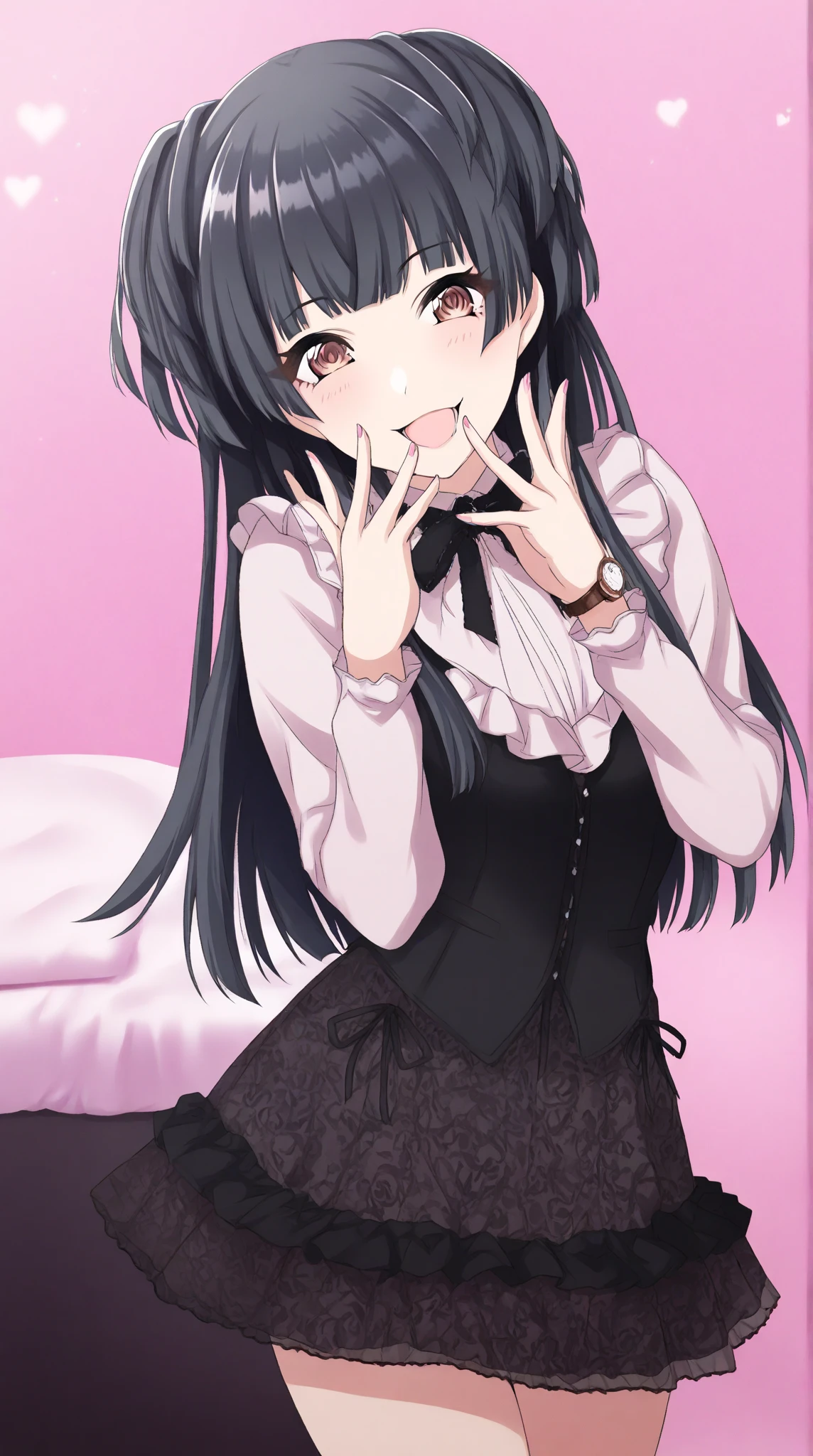 azki_(hololive), 1girl, solo, multicolored hair, pink hair, purple eyes, black hair, hair between eyes, white dress, brown dress, brown jacket, jewelry, long sleeves, x hair ornament, bangs, bracelet, long hair, streaked hair, hairclip, large breasts,,(masterpiece),(best quality),(ultra-detailed),(best illustration),(best shadow),(absurdres),(very aesthetic),(detailed background),looking at viewer,in hotel,in heat,horny,heavy breath,, cunnilingus gesture,open mouth,stick tongue out,long tongue,front view,portrait,close up,half closed eyes,drooling,seductive smile,