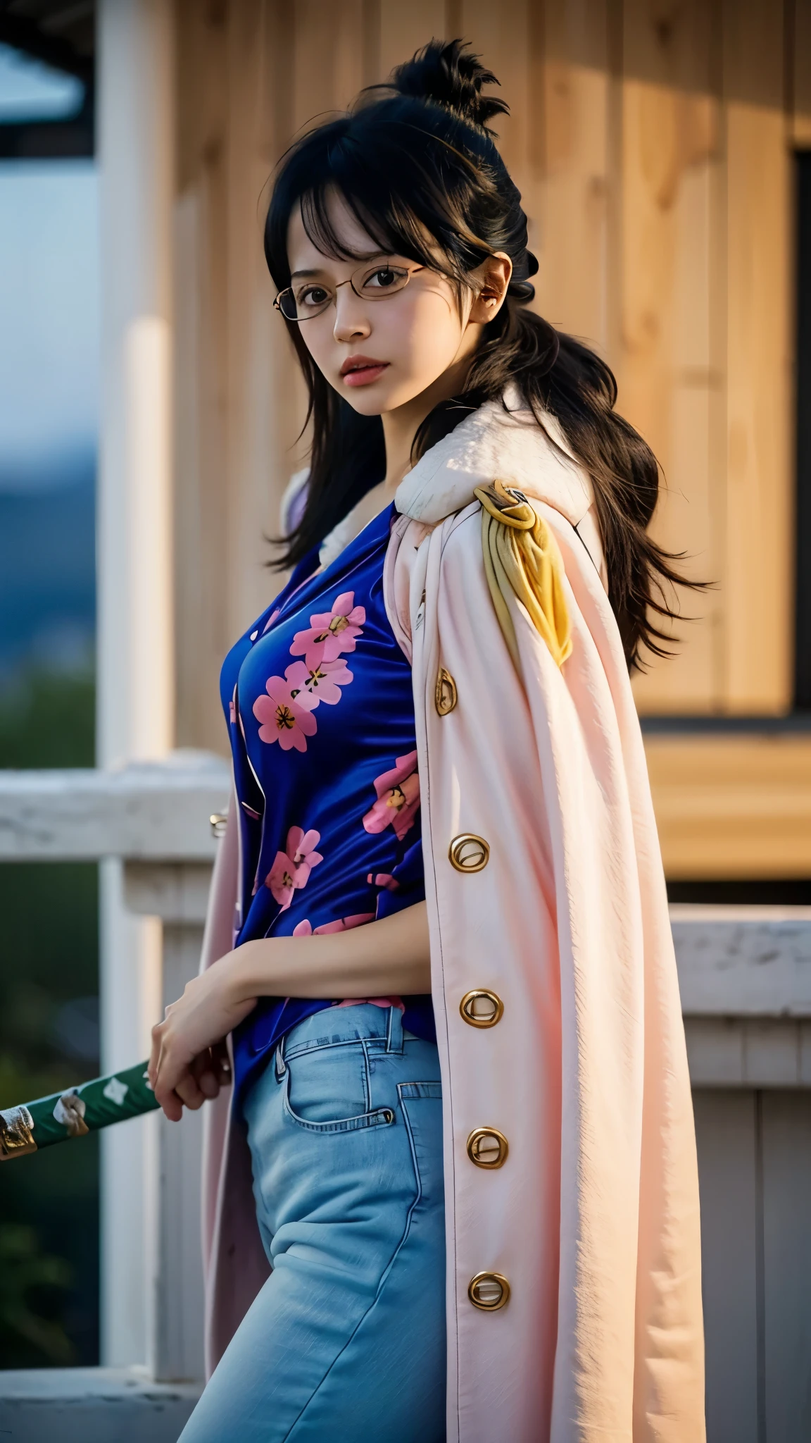 "Create a hyper-realistic portrait of a young female marine officer inspired by Tashigi from One Piece, depicted as if she exists in the real world. She has fair, smooth skin with a few faint, natural scars from sword training. Her physique is slim but athletic, about 170 cm tall. She has a sharp yet kind face with high cheekbones, a small straight nose, and soft pink lips. Her expressive, slightly magnified brown eyes are visible behind stylish round wire-frame glasses. Her dark black hair is cut into a neat bob with gentle waves, chin-length, and side-swept bangs that occasionally fall into her glasses.
She wears a modernized navy-blue Marine officer jacket with silver trim, a white blouse underneath, slim tactical trousers, and polished black leather boots. Draped over her shoulders is a large, flowing white justice coat with 'Justice' written in bold navy letters on the back.
She carries an elegant katana — a real steel blade with a deep blue wrapped handle and an ornate wave-patterned guard. Her posture is upright and disciplined, yet her expression is gentle, determined, and slightly shy. The setting is a bright coastal military base, with ocean waves visible in the distance and seagulls flying overhead.
The overall mood is serious but warm, capturing the contrast between her youthful passion and strong sense of justice. Highly detailed, cinematic lighting, ultra-realistic skin texture, natural coloring, subtle wind effect on hair and coat, depth of field focus on her face."