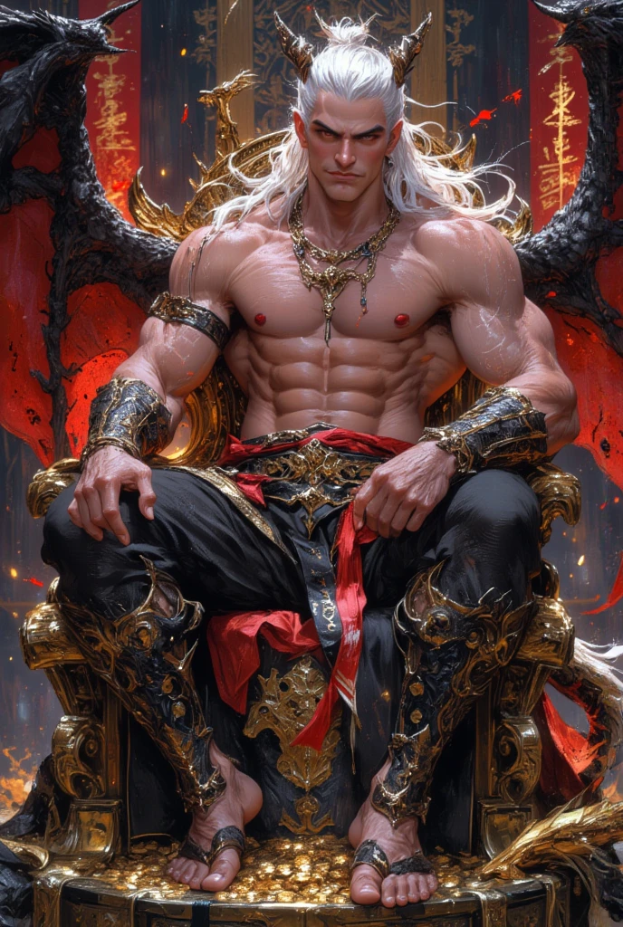 Realistic Digital Painting with Concept Art Elements"," digital painting," "concept art," "realistic," "high detail", "muscular",, "high-res", "ominous aura,", "8k resolution", "oil painting", "darker tone" , "little saturation" ,"dark feeling", "concept art" , "detailed features" , "detailed eyes" "1man" , "demon" , "large horns" , "Fangs" , "long hair", "short stubble on chin", "long nails" , "Leviathan" " , "full body" , "covered in blood" , "smiling" , "amazing background" , "sitting on a lavish throne" "dark castle background", "wearing a loincloth" , "head resting on hand" "very muscular" , "long white hair" , "grinning sharp teeth" , "large and imposing" , "White eyes" "attractive" , "tattooed", "white large wings" , "throne made out human skulls" , "charming"