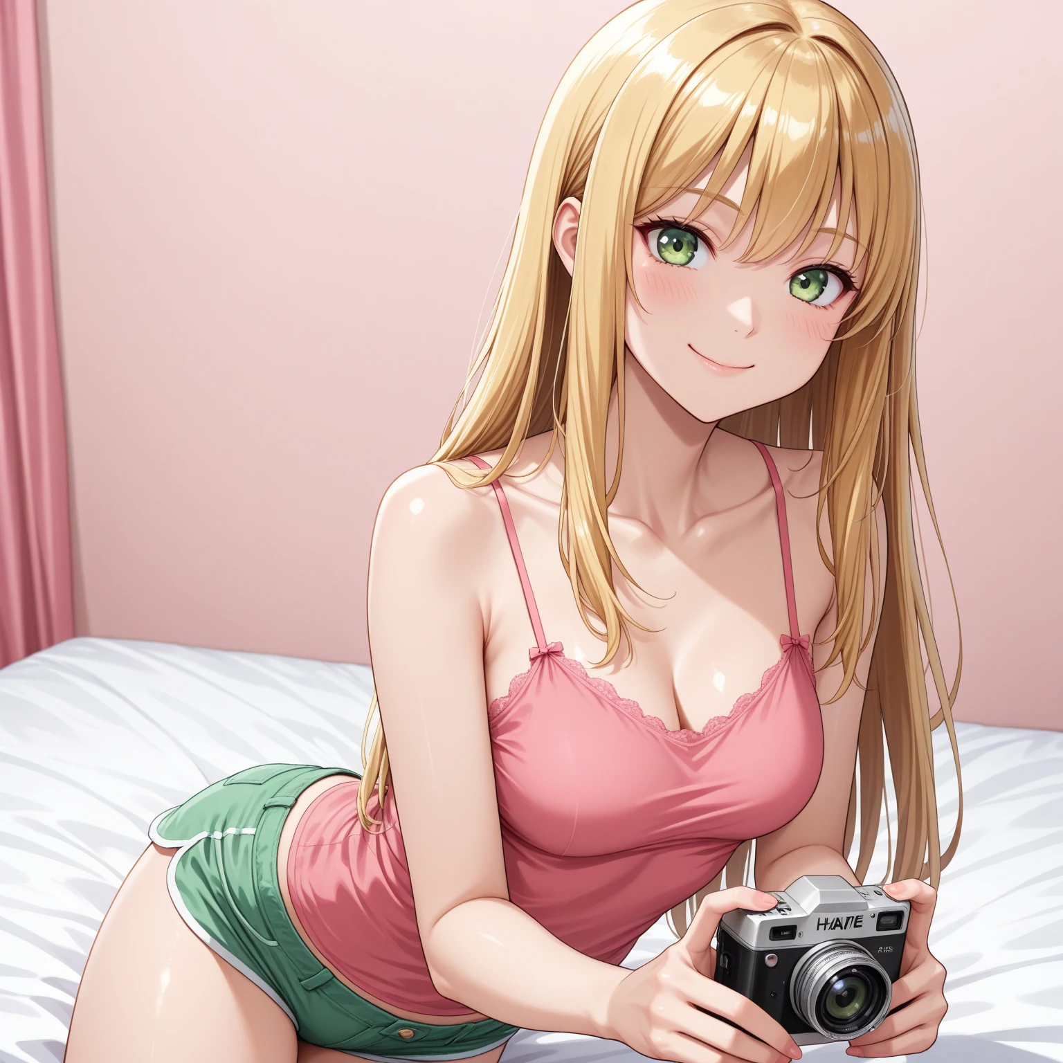 beautiful cute girl,(honey yellow hair:1.2),(random hair:1.1),(long hair:1.1),(light green eyes:1.2),(red cheek:1.0),(lace, camisole:1.25),((lace:1.2)),(underwear:1.25),close up of butt,(spread your legs:1.0),(hand inside underwear:1.15),(masturbation:1.1),(nsfw:1.0),(smile:1.1),(Selfie:1.2).
