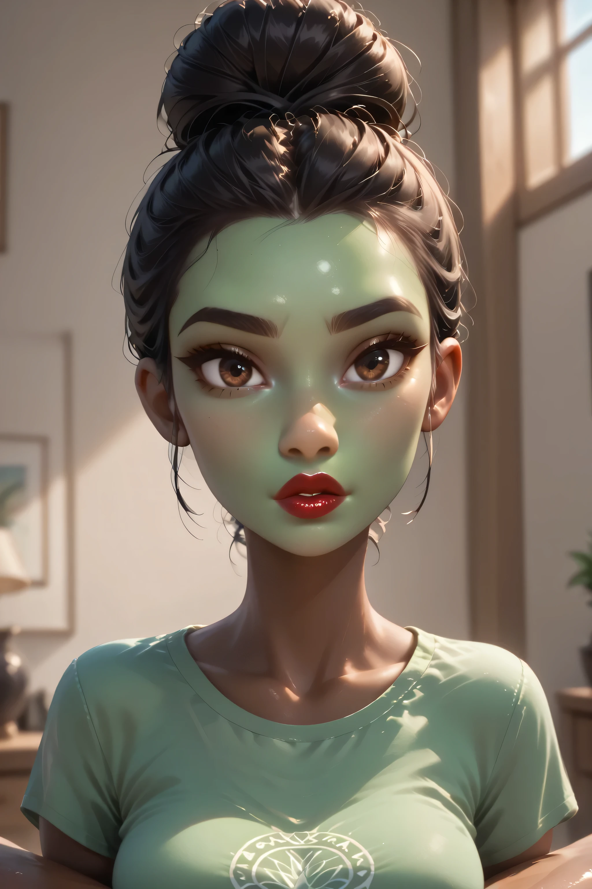 simple background, perfect face, hair bun, black hair, (forehead), black thin eyebrows, big glowing brown eyes, thick red lips, beautiful woman, shirt, green shirt, medium breasts, pov, ((female african, colored skin, brown skin))