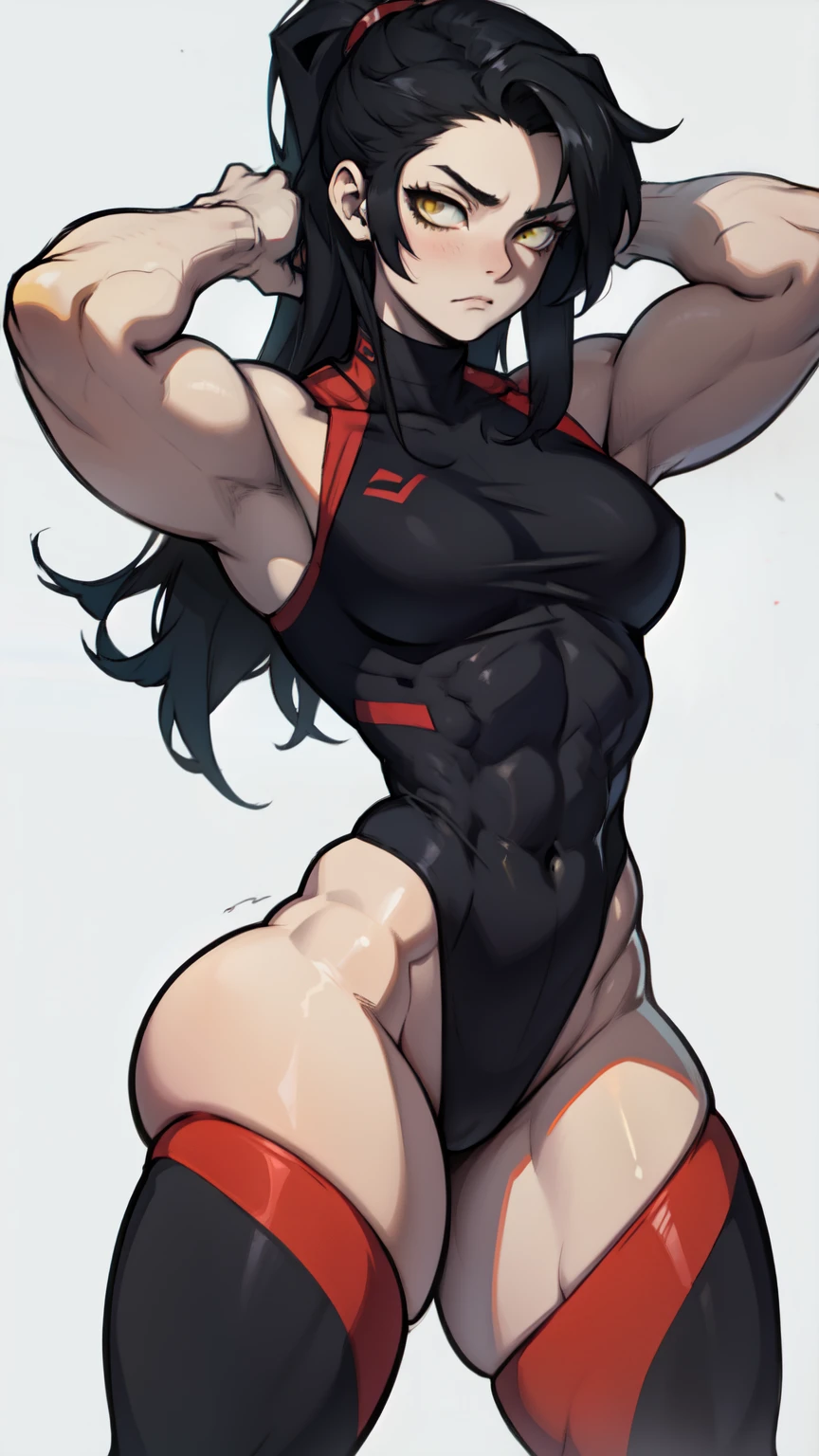 Jörfog,Spy × family role,Red pupils,Black hair,Lower chest exposed,abdominal muscles,The chest is open,White headband,Reveal a fleshy belly,Feminine abs,having fun,Fleshy thighs,Red convertible sweater,Simetall,Chest open,Full muscles,Tall,Ocean park,Simetall,Comic cover style,Comic cover le
