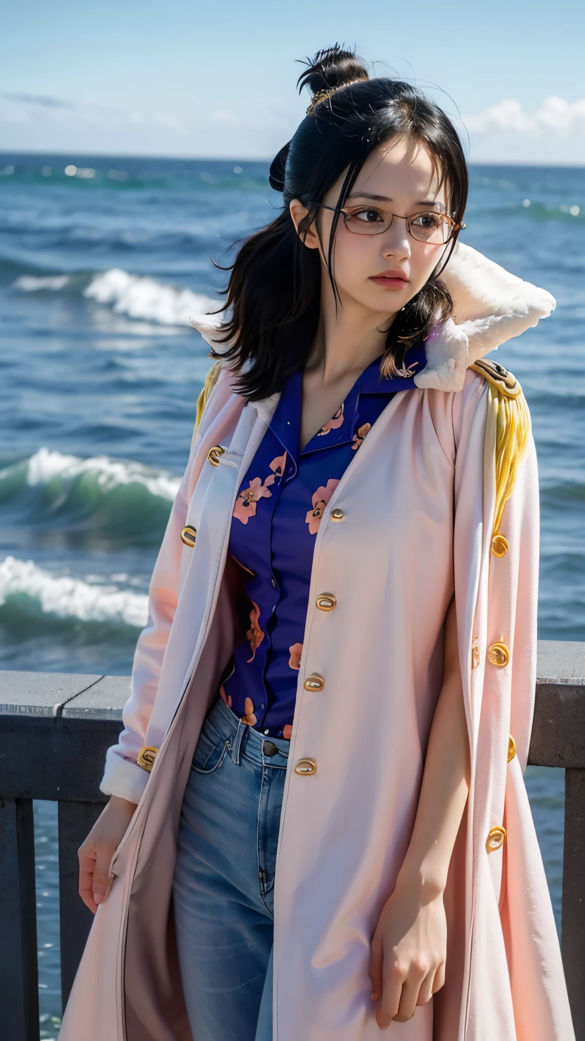 "Create a hyper-realistic portrait of a young female marine officer inspired by Tashigi from One Piece, depicted as if she exists in the real world. She has fair, smooth skin with a few faint, natural scars from sword training. Her physique is slim but athletic, about 170 cm tall. She has a sharp yet kind face with high cheekbones, a small straight nose, and soft pink lips. Her expressive, slightly magnified brown eyes are visible behind stylish round wire-frame glasses. Her dark black hair is cut into a neat bob with gentle waves, chin-length, and side-swept bangs that occasionally fall into her glasses.
She wears a modernized navy-blue Marine officer jacket with silver trim, a white blouse underneath, slim tactical trousers, and polished black leather boots. Draped over her shoulders is a large, flowing white justice coat with 'Justice' written in bold navy letters on the back.
She carries an elegant katana — a real steel blade with a deep blue wrapped handle and an ornate wave-patterned guard. Her posture is upright and disciplined, yet her expression is gentle, determined, and slightly shy. The setting is a bright coastal military base, with ocean waves visible in the distance and seagulls flying overhead.
The overall mood is serious but warm, capturing the contrast between her youthful passion and strong sense of justice. Highly detailed, cinematic lighting, ultra-realistic skin texture, natural coloring, subtle wind effect on hair and coat, depth of field focus on her face."