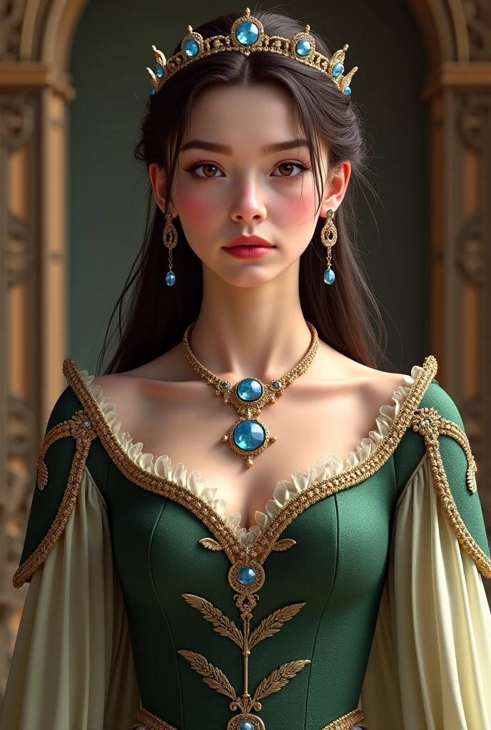 modelshoot style, (extremely detailed CG unity 8k wallpaper), full shot body photo of the most beautiful artwork in the world, english medieval witch, green vale, pearl skin,golden crown, diamonds, medieval architecture, professional majestic oil painting by Ed Blinkey, Atey Ghailan, Studio Ghibli, by Jeremy Mann, Greg Manchess, Antonio Moro, trending on ArtStation, trending on CGSociety, Intricate, High Detail, Sharp focus, dramatic, photorealistic painting art by midjourney and greg rutkowski